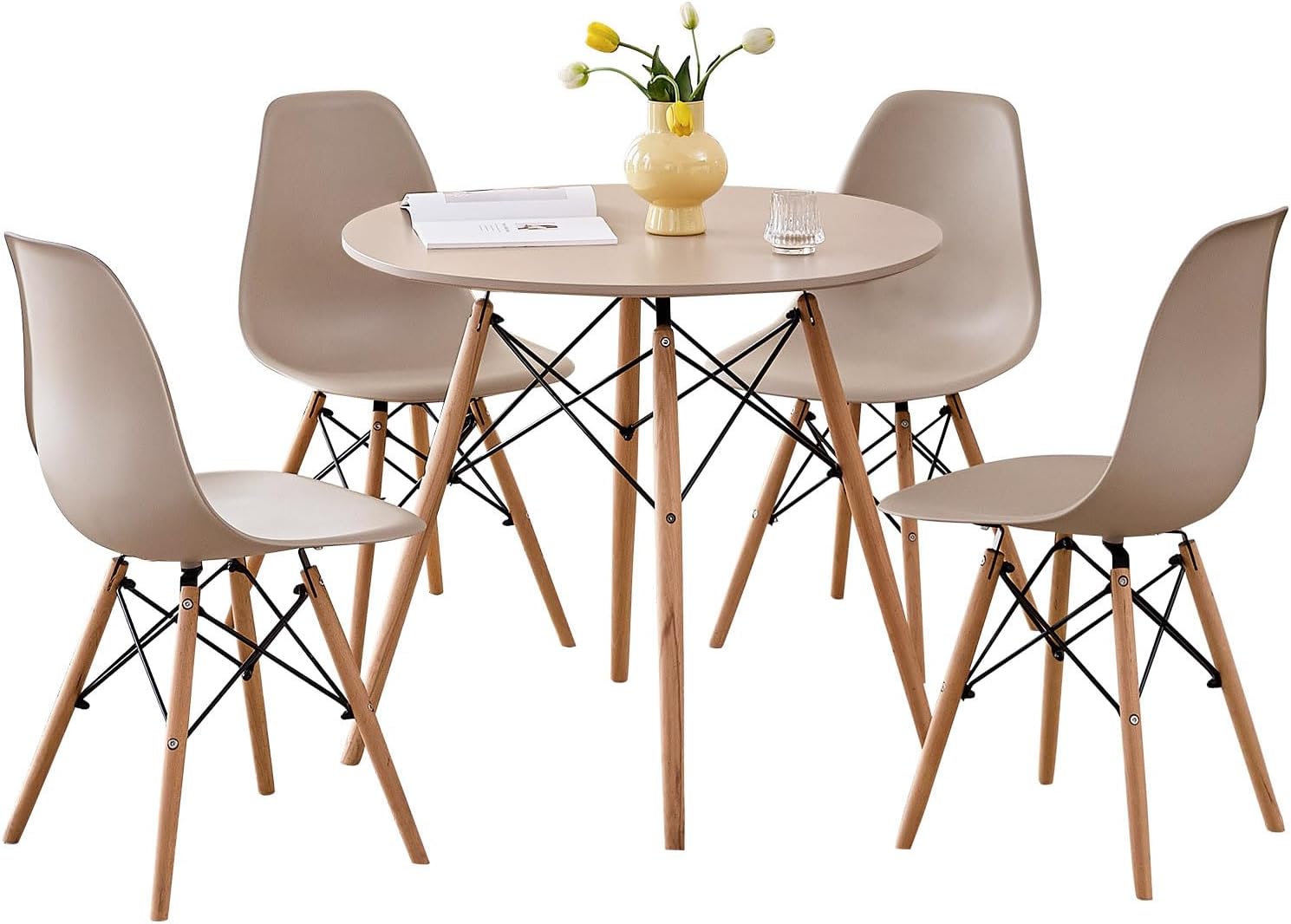 Juego de mesa de comedor redonda de 5 piezas, juego de mesa pequeña de 80 cm de cocina con 4 sillas que ahorran espacio, asientos de plástico, patas de madera maciza, para sala de estar