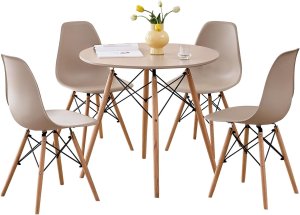 Juego de mesa de comedor redonda de 5 piezas, juego de mesa pequeña de 80 cm de cocina con 4 sillas que ahorran espacio, asientos de plástico, patas de madera maciza, para sala de estar