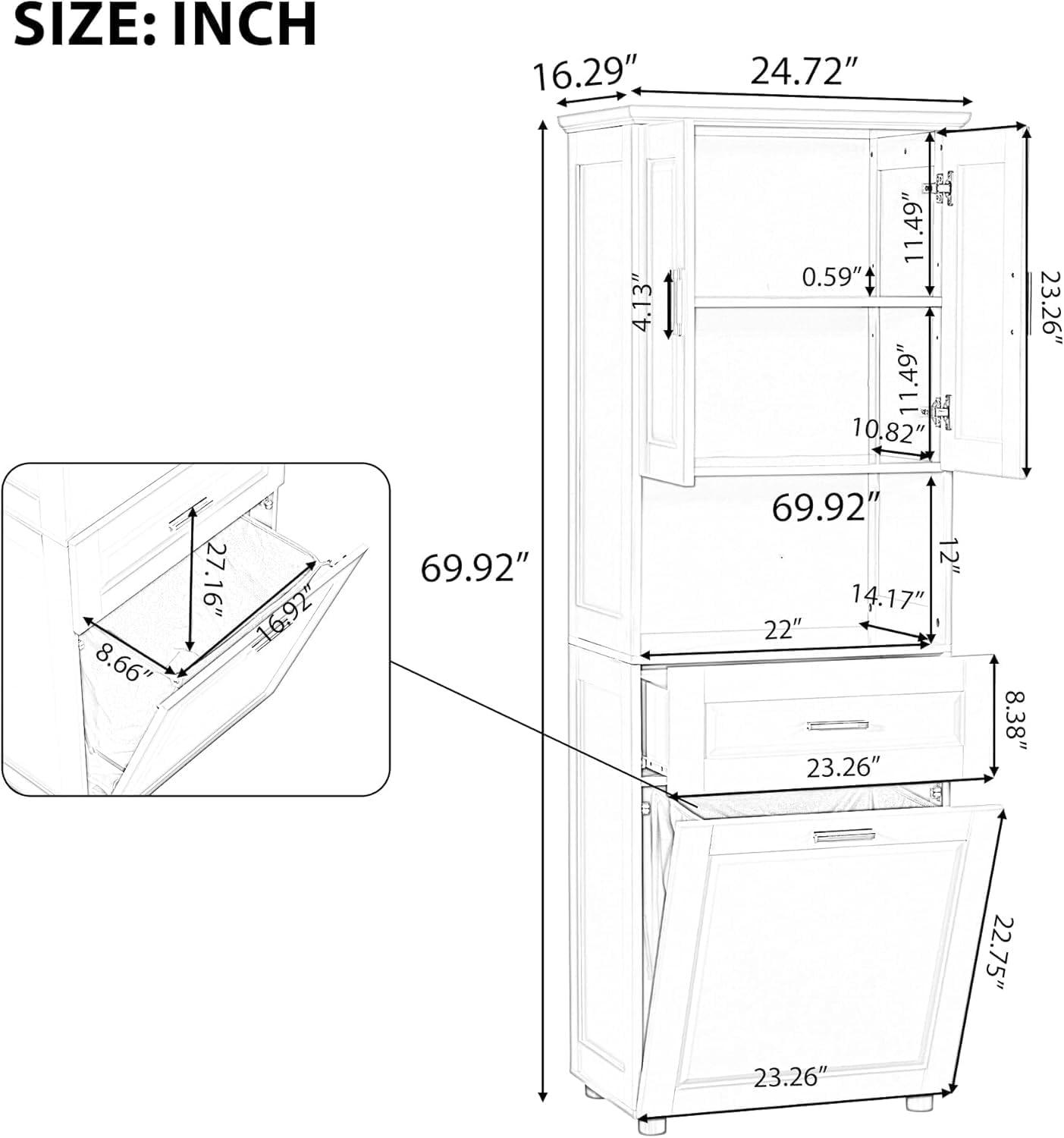 Virubi Gabinete y cajón de ropa sucia inclinable, armario de almacenamiento alto de madera para cuarto de baño con puertas y estantes ajustables, independiente (negro)