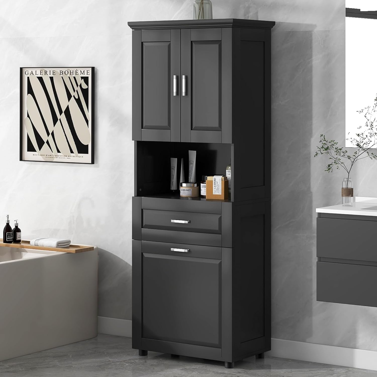 Virubi Gabinete y cajón de ropa sucia inclinable, armario de almacenamiento alto de madera para cuarto de baño con puertas y estantes ajustables, independiente (negro)