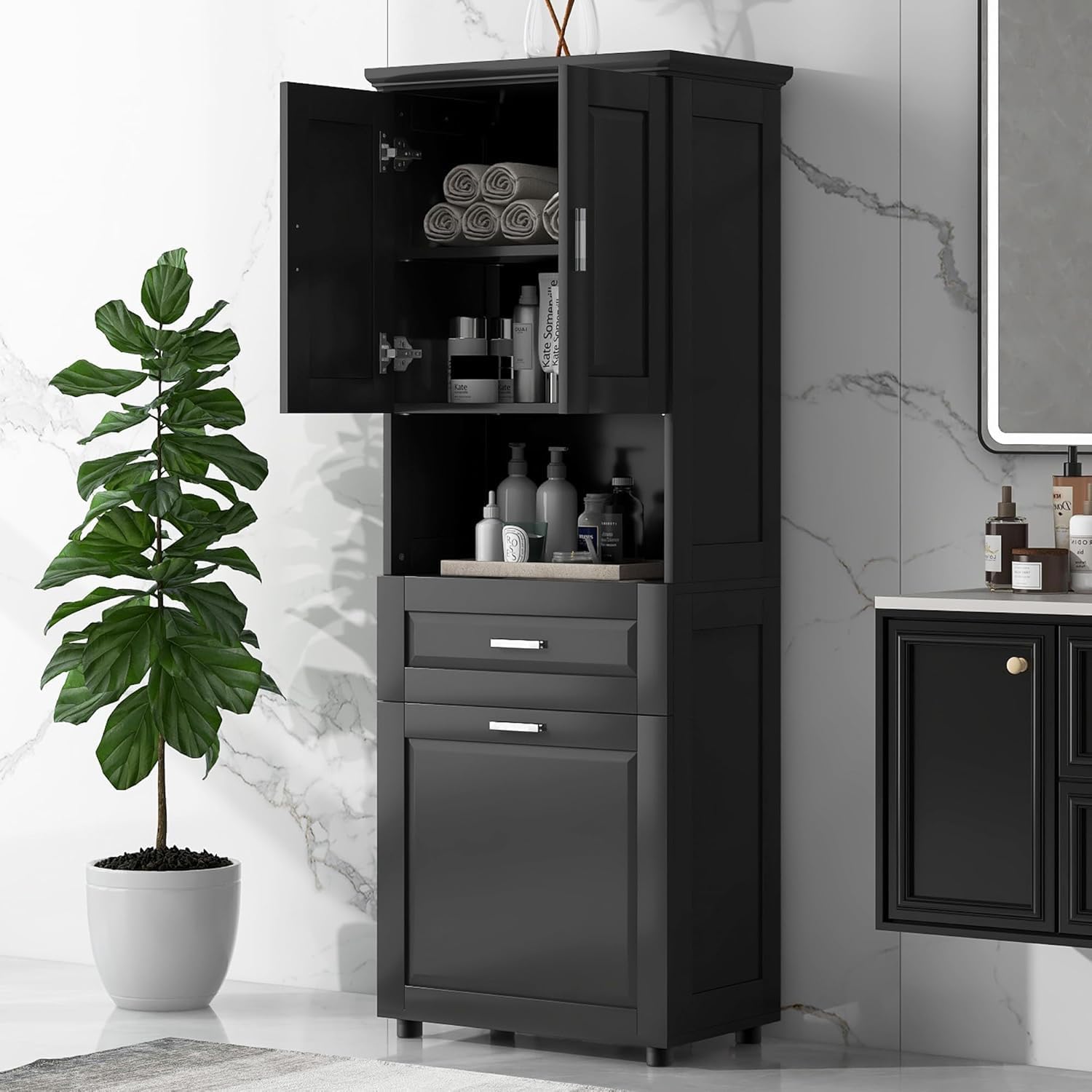 Virubi Gabinete y cajón de ropa sucia inclinable, armario de almacenamiento alto de madera para cuarto de baño con puertas y estantes ajustables, independiente (negro)