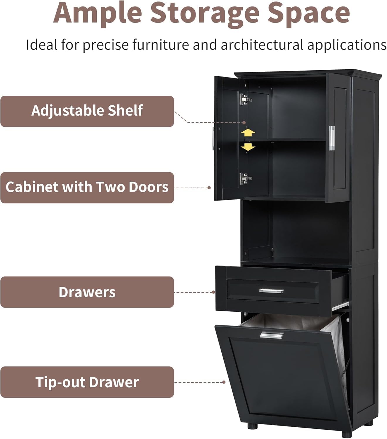 Virubi Gabinete y cajón de ropa sucia inclinable, armario de almacenamiento alto de madera para cuarto de baño con puertas y estantes ajustables, independiente (negro)