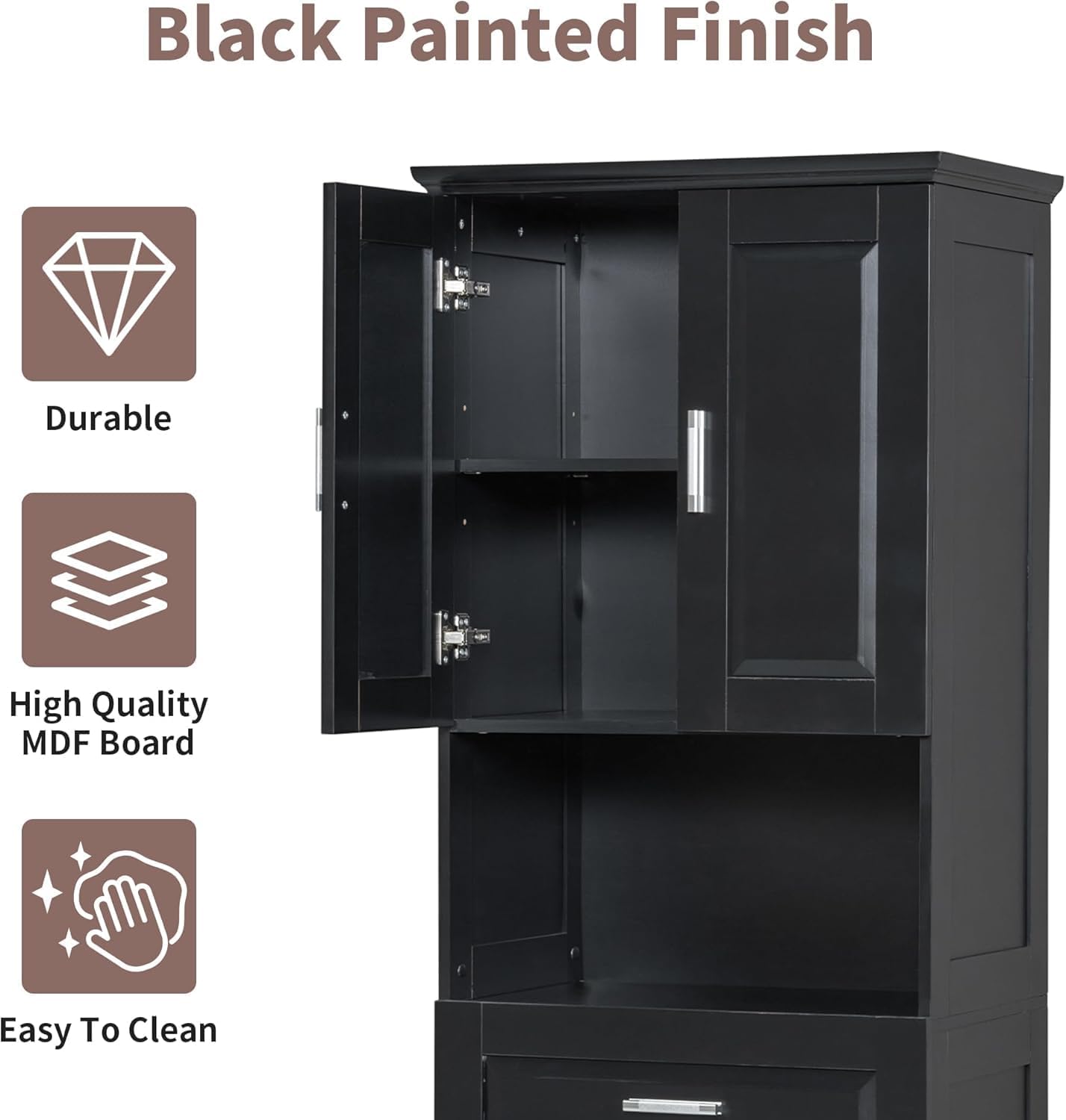 Virubi Gabinete y cajón de ropa sucia inclinable, armario de almacenamiento alto de madera para cuarto de baño con puertas y estantes ajustables, independiente (negro)