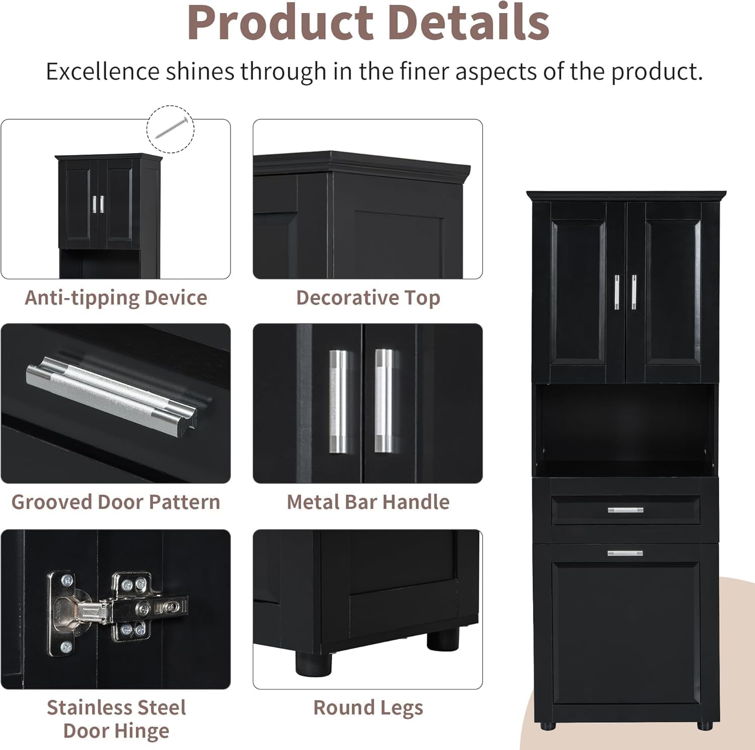 Virubi Gabinete y cajón de ropa sucia inclinable, armario de almacenamiento alto de madera para cuarto de baño con puertas y estantes ajustables, independiente (negro)