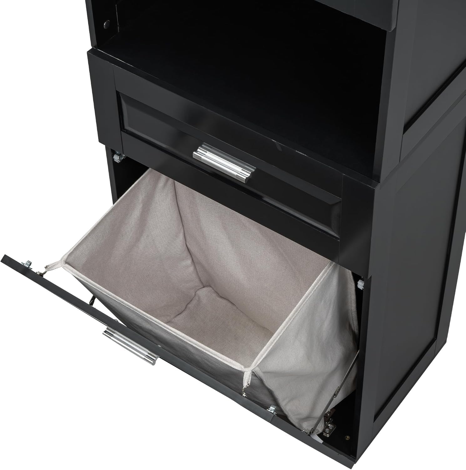 Virubi Gabinete y cajón de ropa sucia inclinable, armario de almacenamiento alto de madera para cuarto de baño con puertas y estantes ajustables, independiente (negro)