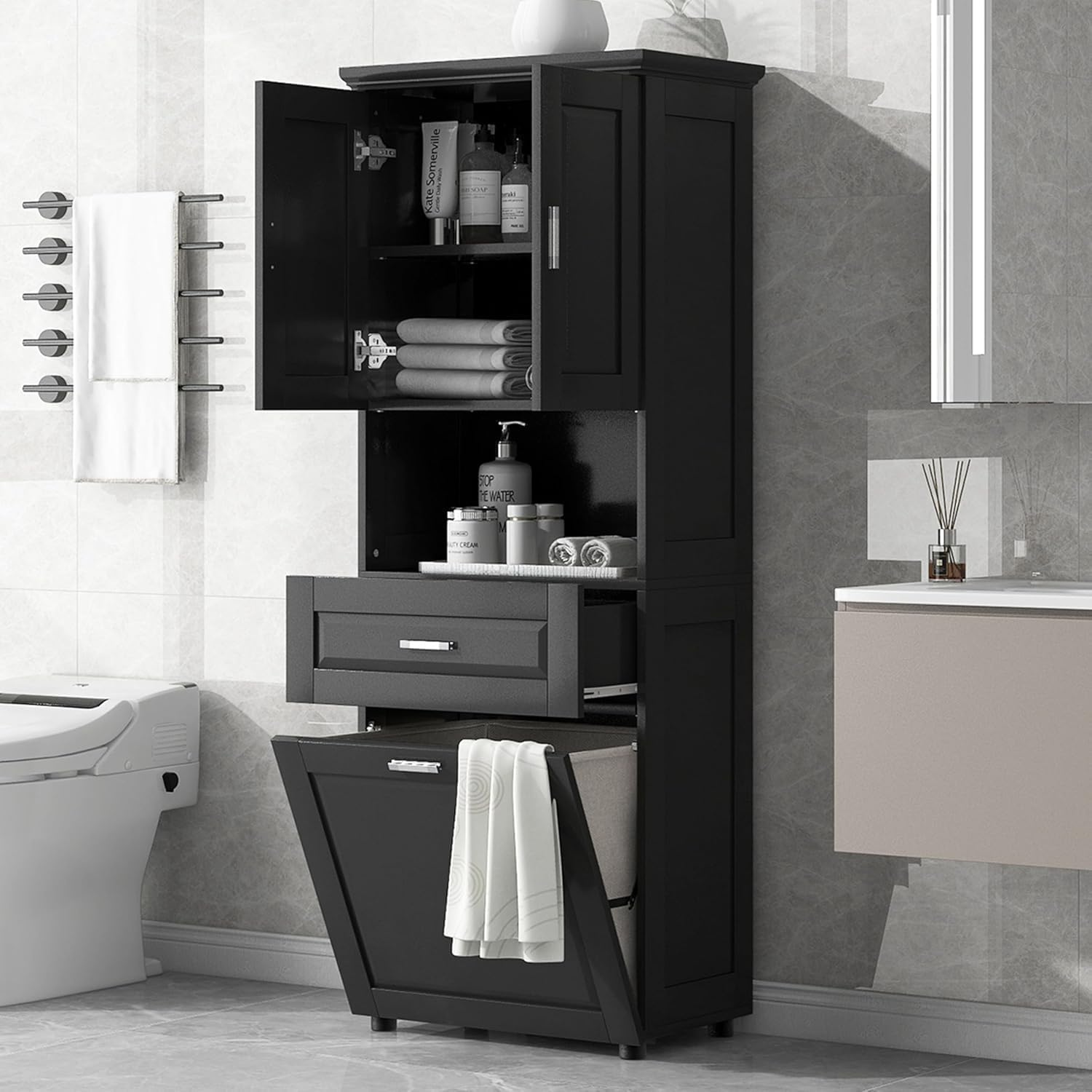 Virubi Gabinete y cajón de ropa sucia inclinable, armario de almacenamiento alto de madera para cuarto de baño con puertas y estantes ajustables, independiente (negro)