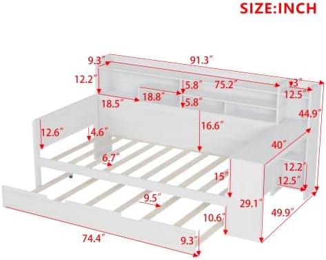Bellemave Sofá cama de tamaño individual con cama nido y escritorio, sofá cama de madera con estantes de almacenamiento, color blanco antiguo