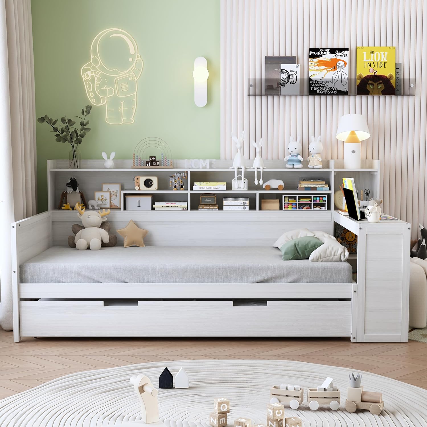 Bellemave Sofá cama de tamaño individual con cama nido y escritorio, sofá cama de madera con estantes de almacenamiento, color blanco antiguo