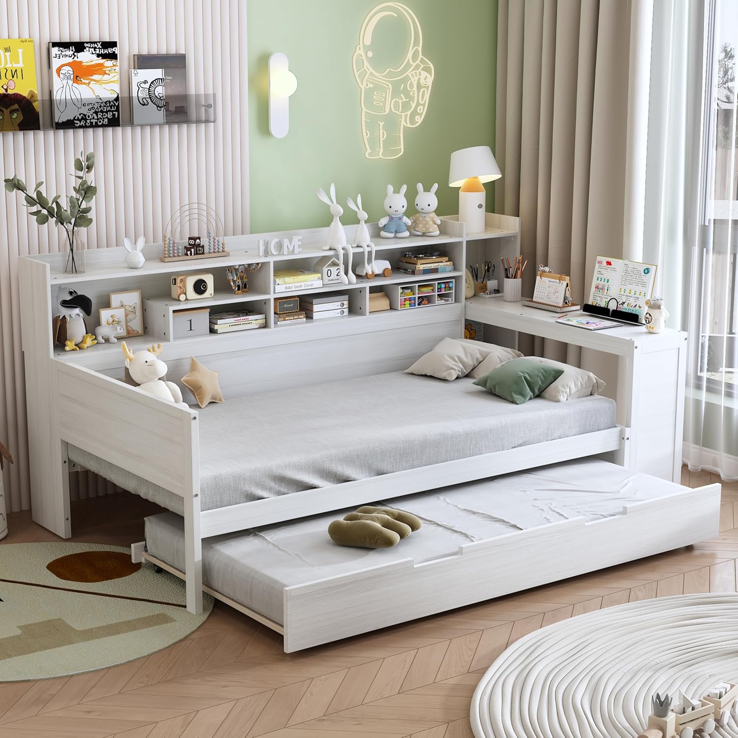 Bellemave Sofá cama de tamaño individual con cama nido y escritorio, sofá cama de madera con estantes de almacenamiento, color blanco antiguo