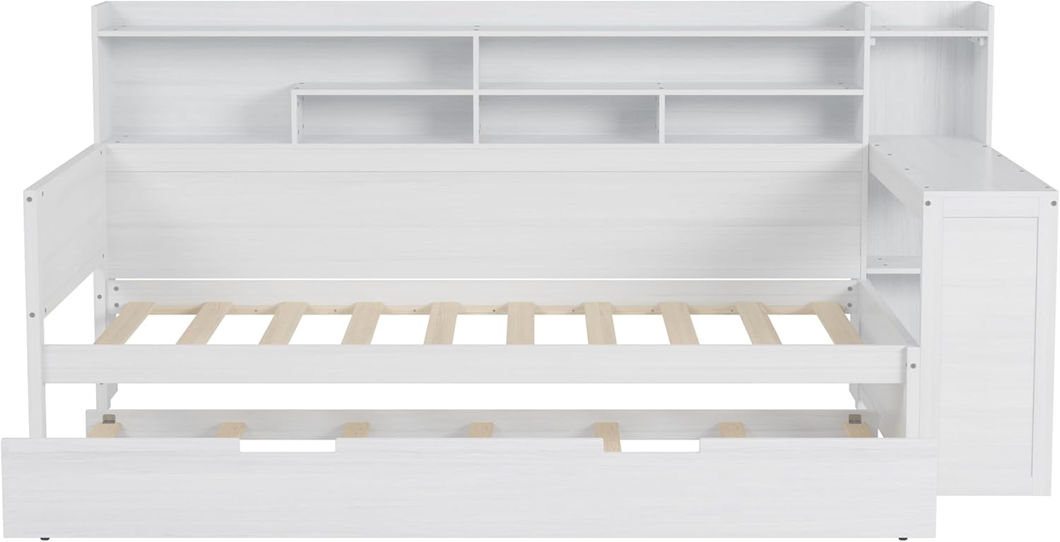 Bellemave Sofá cama de tamaño individual con cama nido y escritorio, sofá cama de madera con estantes de almacenamiento, color blanco antiguo