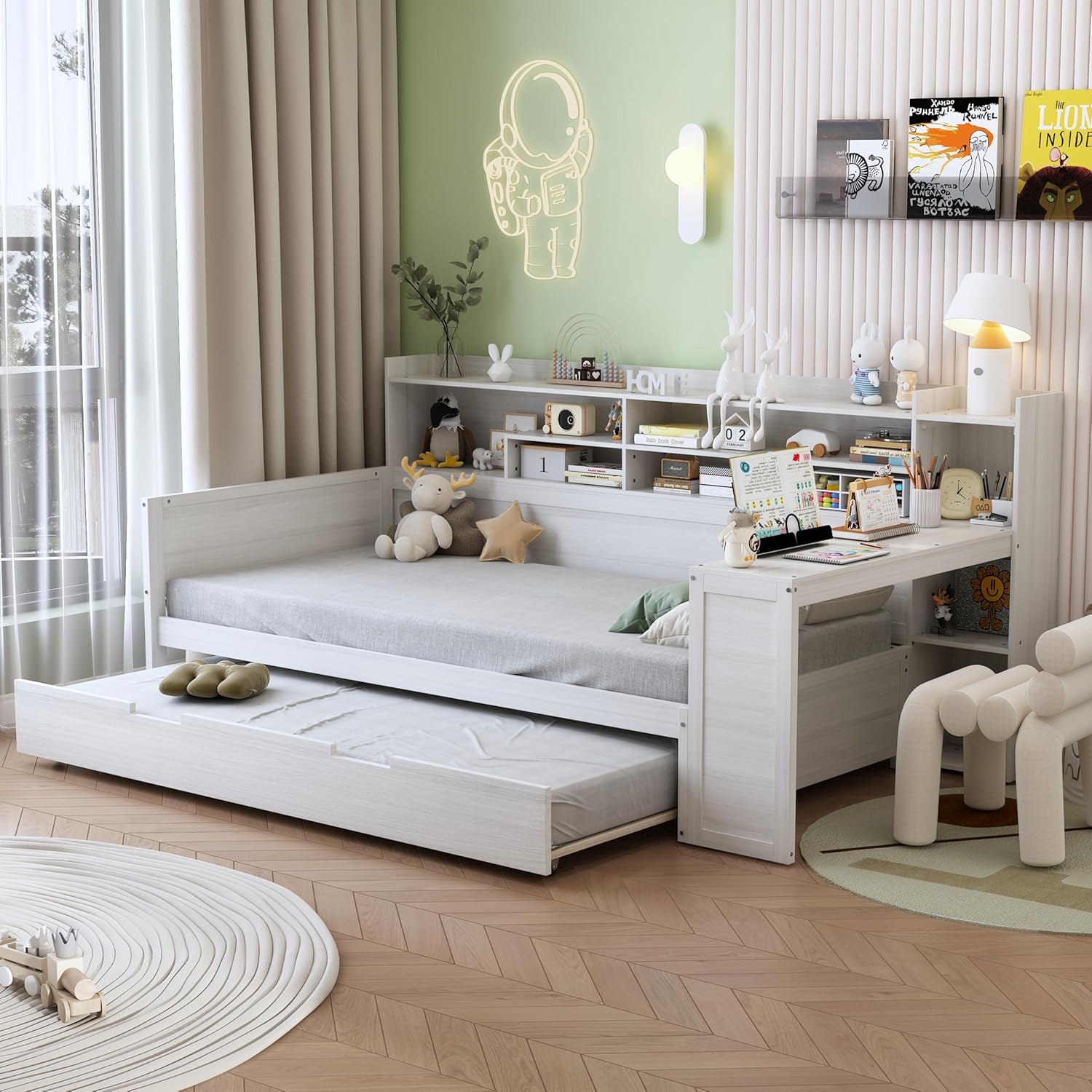 Bellemave Sofá cama de tamaño individual con cama nido y escritorio, sofá cama de madera con estantes de almacenamiento, color blanco antiguo
