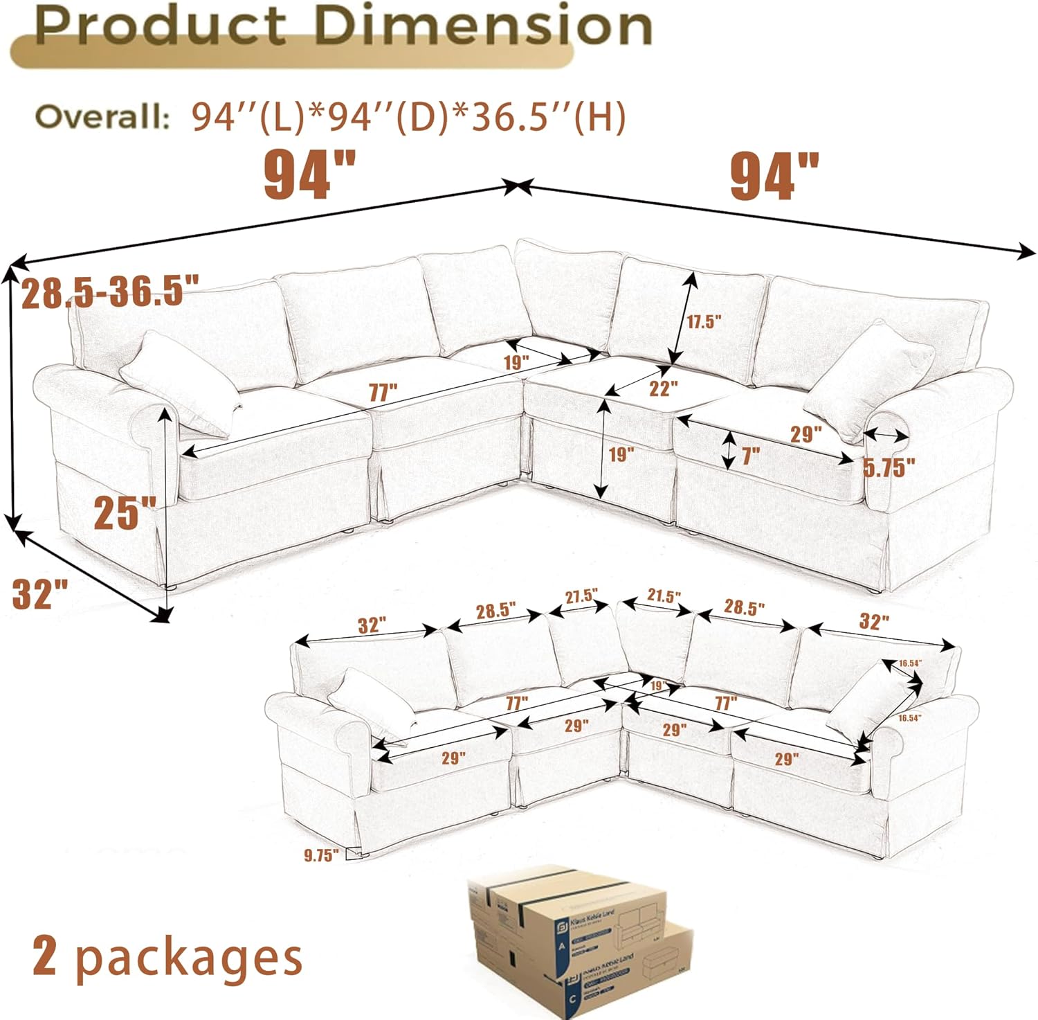 KEIKI Sofá modular de lino en forma de L de 94 pulgadas con brazos enrollados, respaldo acolchado, sofá esquinero convertible de estilo moderno de 5 plazas, fácil montaje, para apartamento, sala de estar, dormitorio, beige