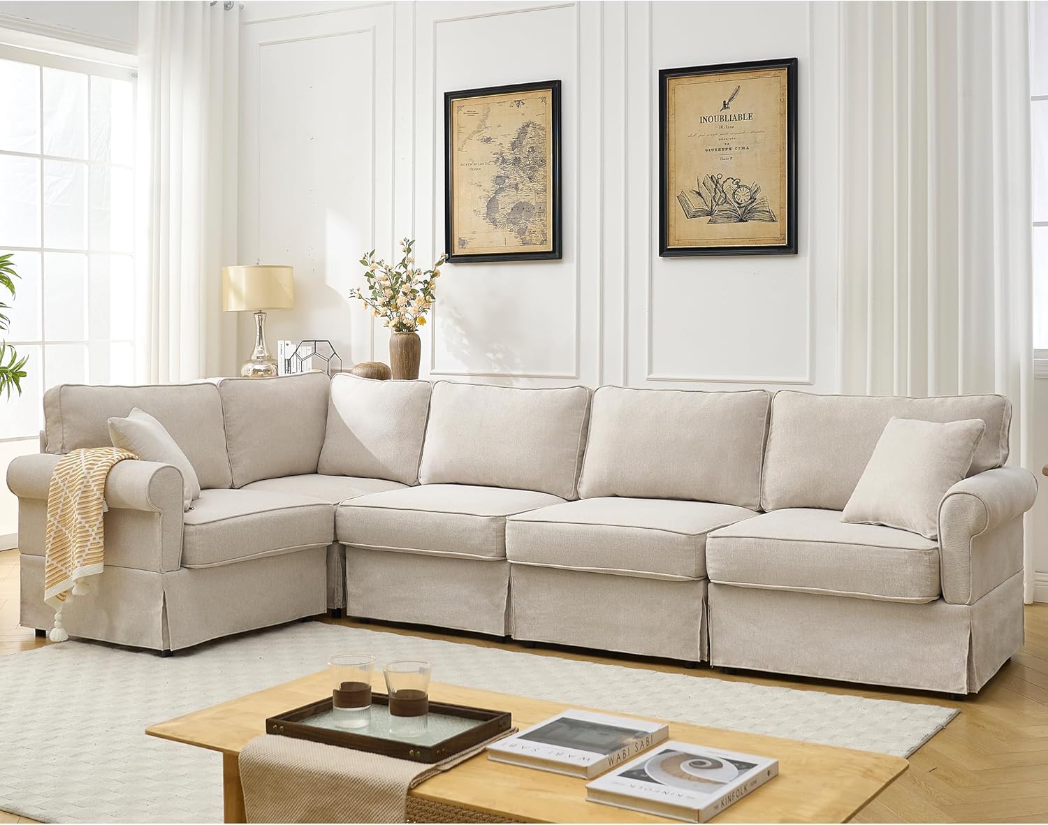 KEIKI Sofá modular de lino en forma de L de 94 pulgadas con brazos enrollados, respaldo acolchado, sofá esquinero convertible de estilo moderno de 5 plazas, fácil montaje, para apartamento, sala de estar, dormitorio, beige
