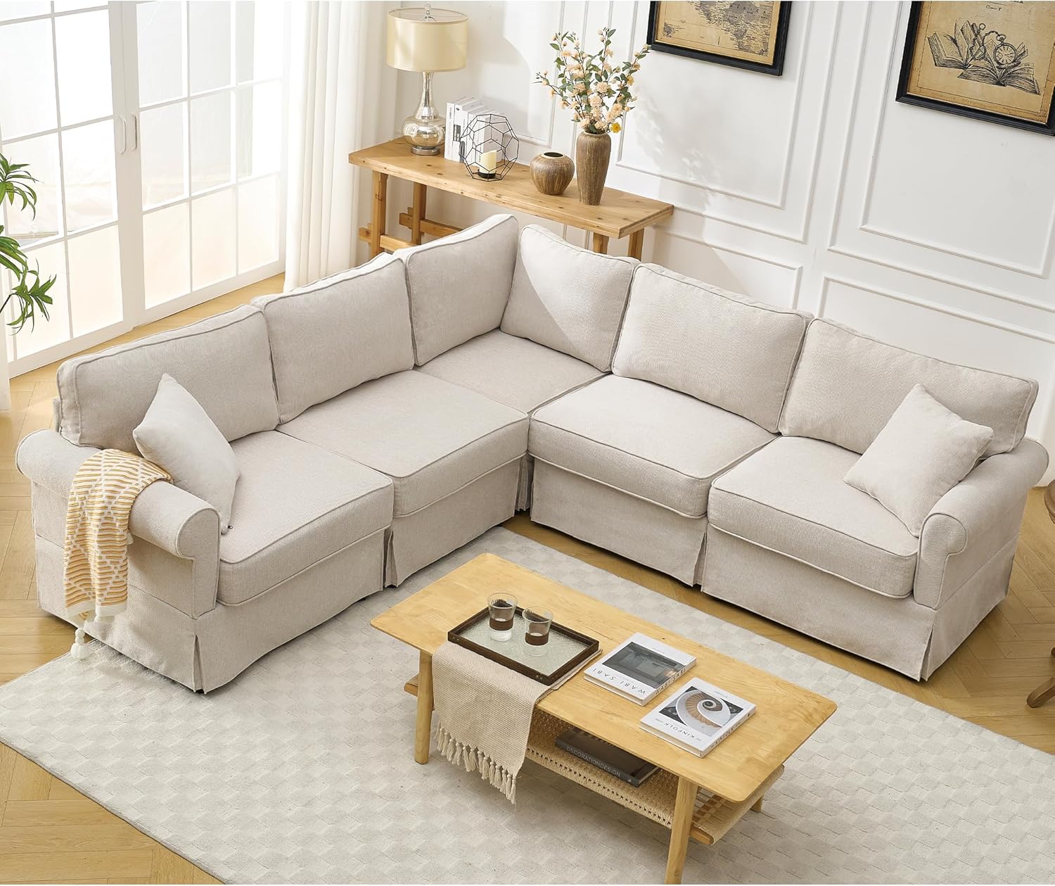 KEIKI Sofá modular de lino en forma de L de 94 pulgadas con brazos enrollados, respaldo acolchado, sofá esquinero convertible de estilo moderno de 5 plazas, fácil montaje, para apartamento, sala de estar, dormitorio, beige