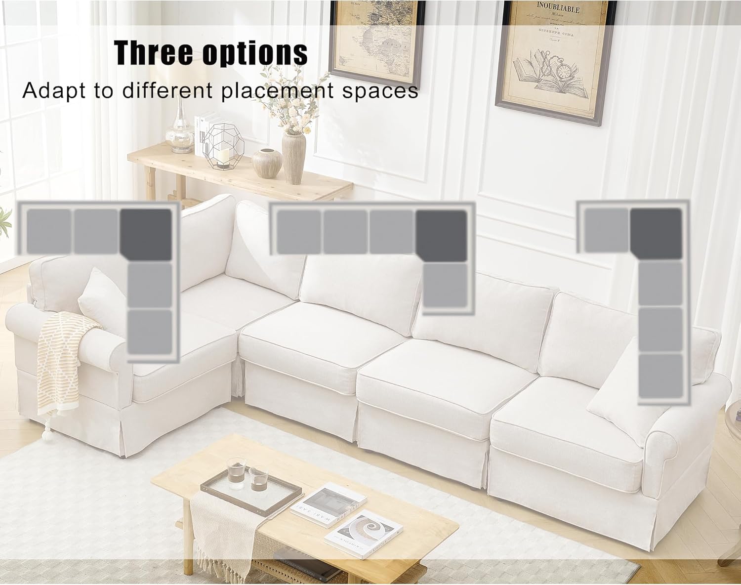 KEIKI Sofá modular de lino en forma de L de 94 pulgadas con brazos enrollados, respaldo acolchado, sofá esquinero convertible de estilo moderno de 5 plazas, fácil montaje, para apartamento, sala de estar, dormitorio, beige