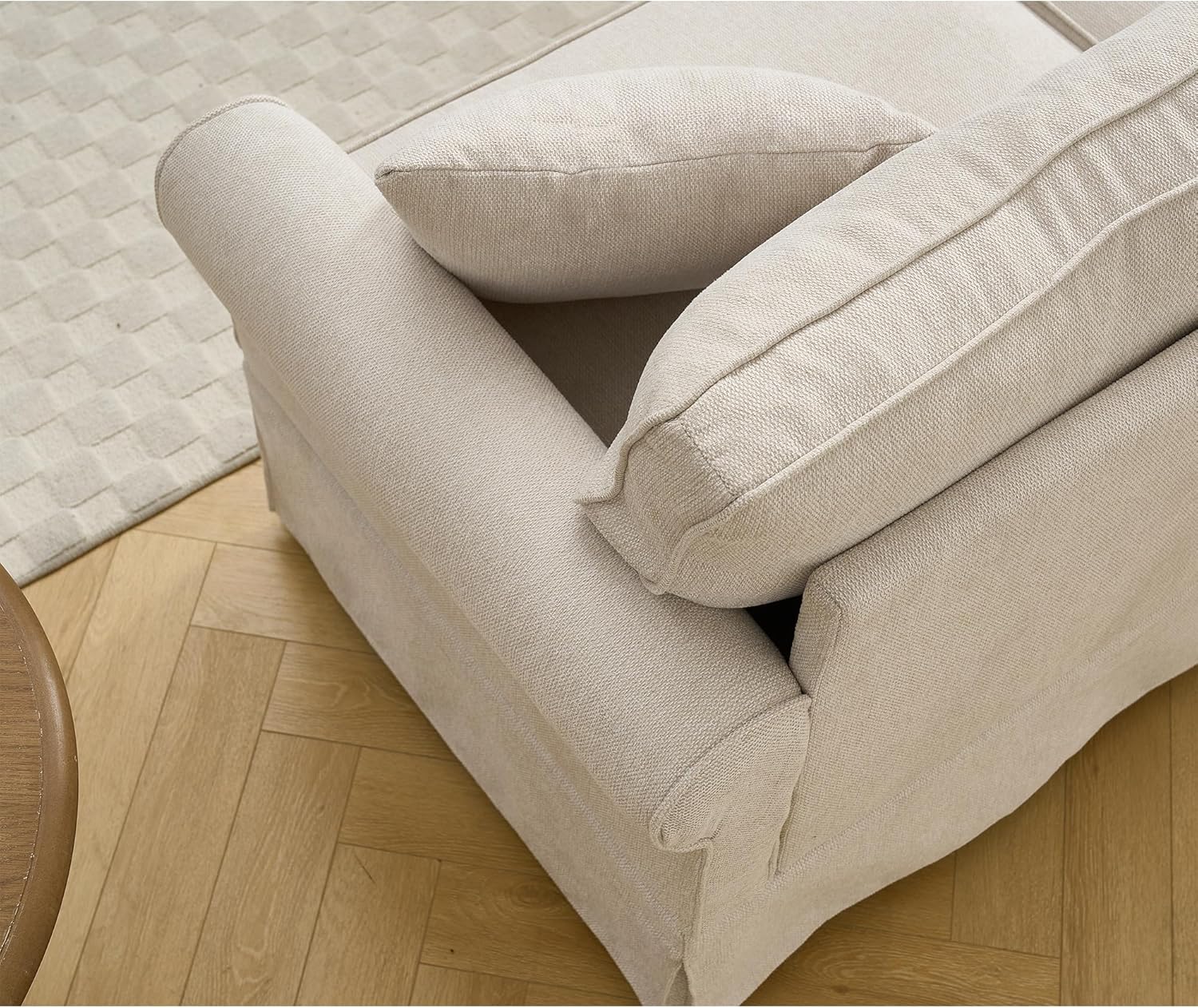 KEIKI Sofá modular de lino en forma de L de 94 pulgadas con brazos enrollados, respaldo acolchado, sofá esquinero convertible de estilo moderno de 5 plazas, fácil montaje, para apartamento, sala de estar, dormitorio, beige