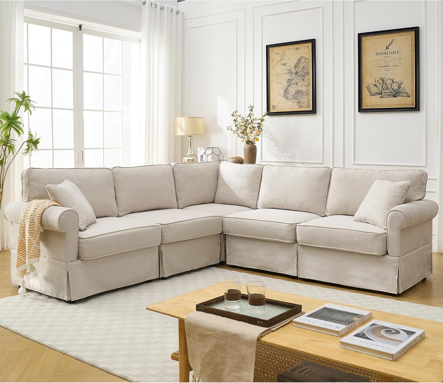 KEIKI Sofá modular de lino en forma de L de 94 pulgadas con brazos enrollados, respaldo acolchado, sofá esquinero convertible de estilo moderno de 5 plazas, fácil montaje, para apartamento, sala de estar, dormitorio, beige