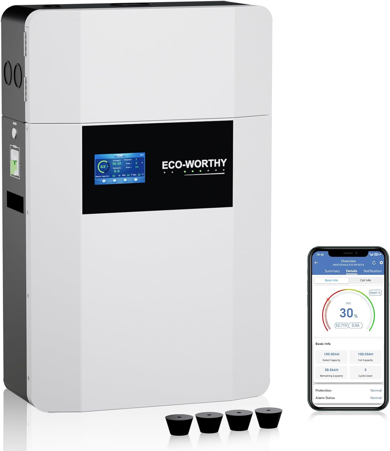 ECO-WORTHY Batería de litio LiFePO4 para interiores de 48 V 100 Ah con caja de conductos, Bluetooth y WiFi, protección a baja temperatura, para sistemas fuera de la red, alimentación de respaldo para el hogar