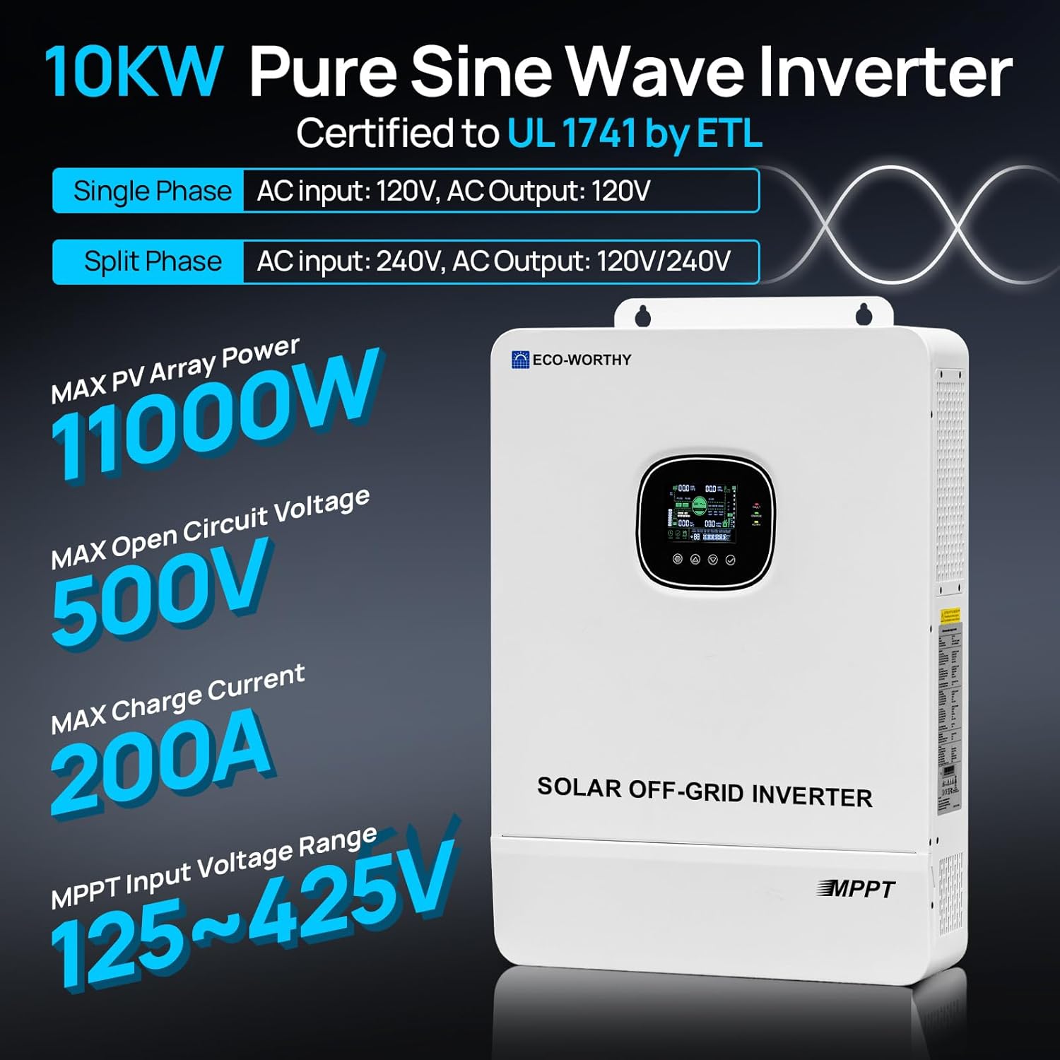ECO-WORTHY Inversor solar UL1741 de 10000W DC 48V con WiFi, salida de CA 120V/240V, soporte paralelo, 2 controladores solares MPPT integrados, carga máxima de batería de 200 A, paralelo hasta 6 unidades de cargador inversor de 48 V