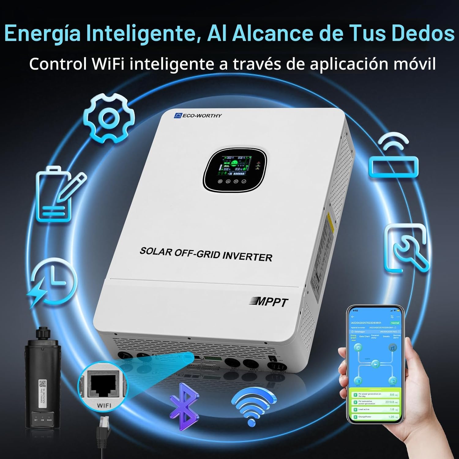 ECO-WORTHY Inversor solar UL1741 de 10000W DC 48V con WiFi, salida de CA 120V/240V, soporte paralelo, 2 controladores solares MPPT integrados, carga máxima de batería de 200 A, paralelo hasta 6 unidades de cargador inversor de 48 V