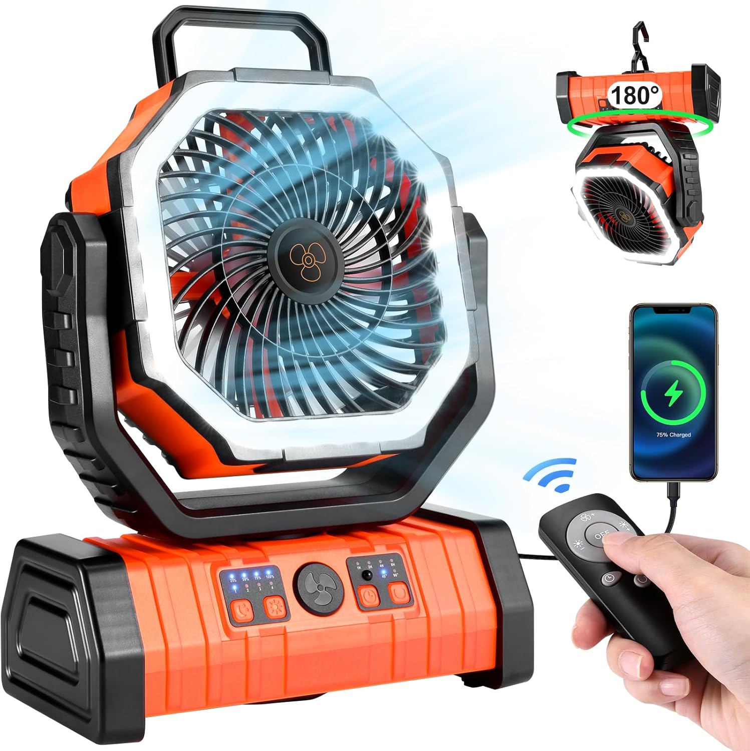 Odoland Ventilador oscilante de campamento de 30000 mAh con linterna LED, funciona con batería recargable, ventilador portátil para tienda de campaña con temporizador, 4 velocidades para campamento al
