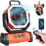 Odoland Ventilador oscilante de campamento de 30000 mAh con linterna LED, funciona con batería recargable, ventilador portátil para tienda de campaña con temporizador, 4 velocidades para campamento al