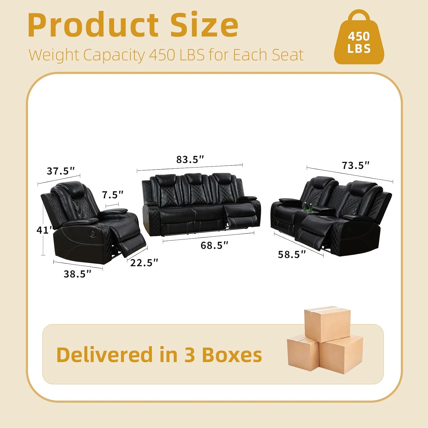 Juego de sofá reclinable eléctrico de cuero de 3 piezas para sala de estar con puertos USB, iluminación ambiental LED y consola de almacenamiento, sofá modular ergonómico moderno, asiento de cine en casa (negro)