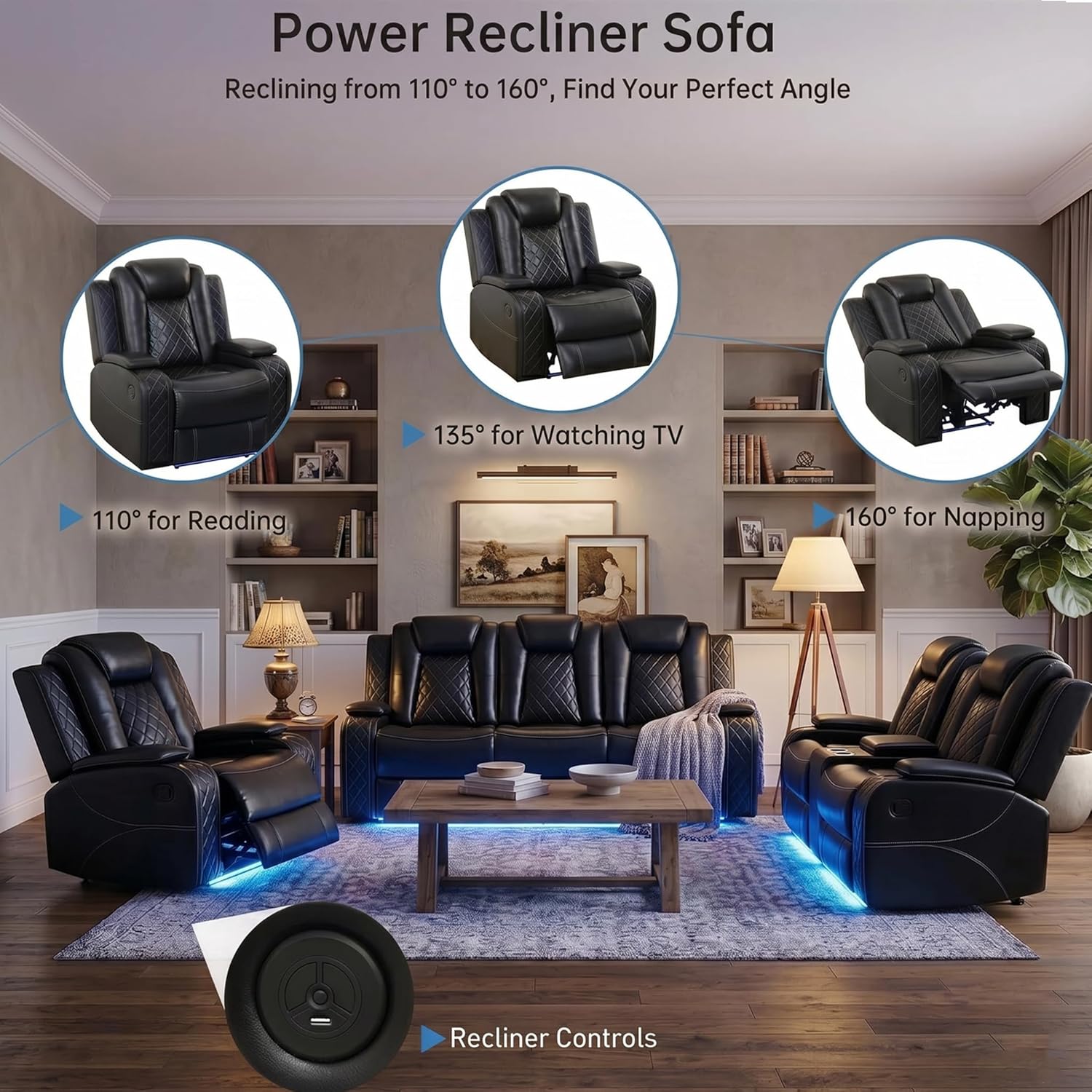 Juego de sofá reclinable eléctrico de cuero de 3 piezas para sala de estar con puertos USB, iluminación ambiental LED y consola de almacenamiento, sofá modular ergonómico moderno, asiento de cine en casa (negro)
