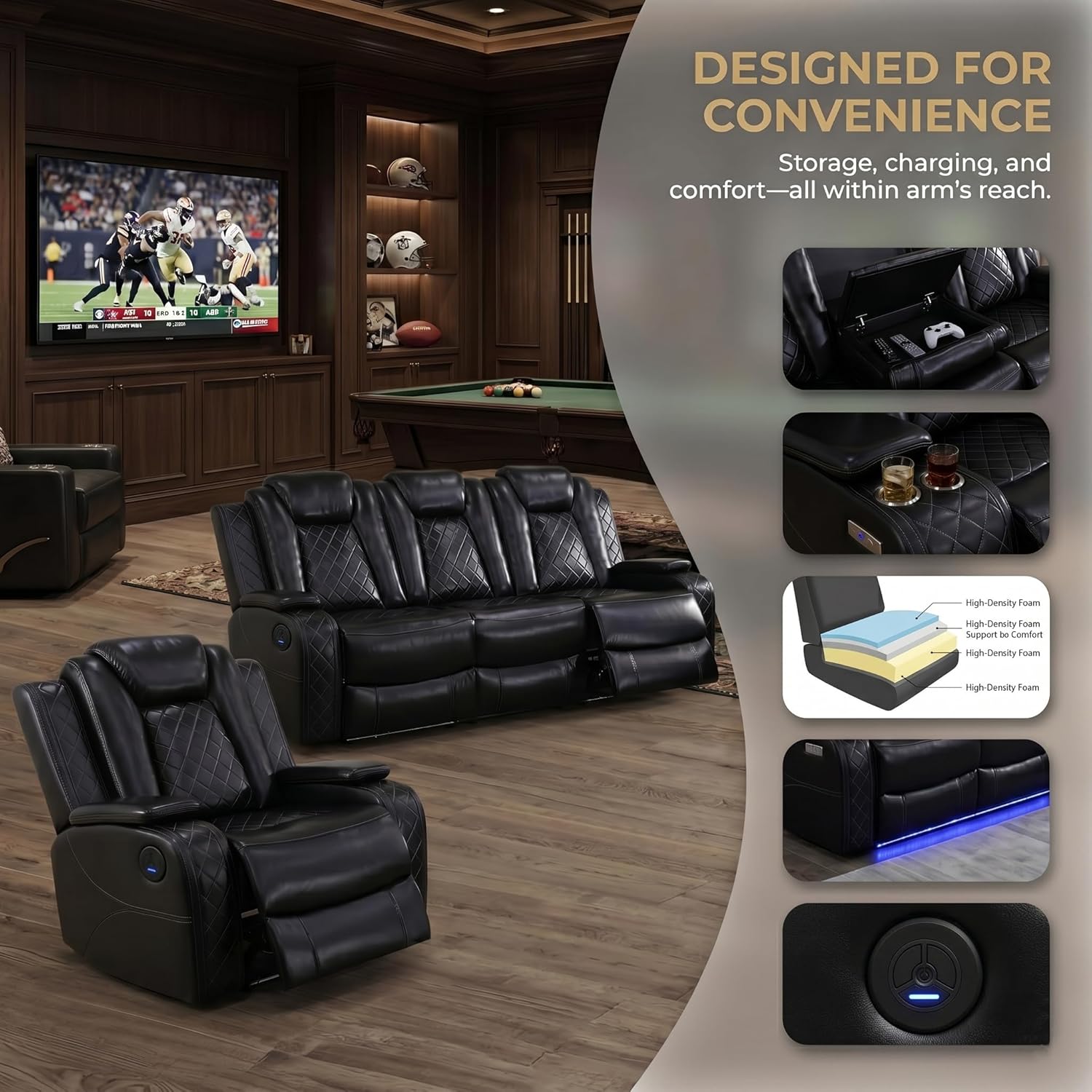 Juego de sofá reclinable eléctrico de cuero de 3 piezas para sala de estar con puertos USB, iluminación ambiental LED y consola de almacenamiento, sofá modular ergonómico moderno, asiento de cine en casa (negro)
