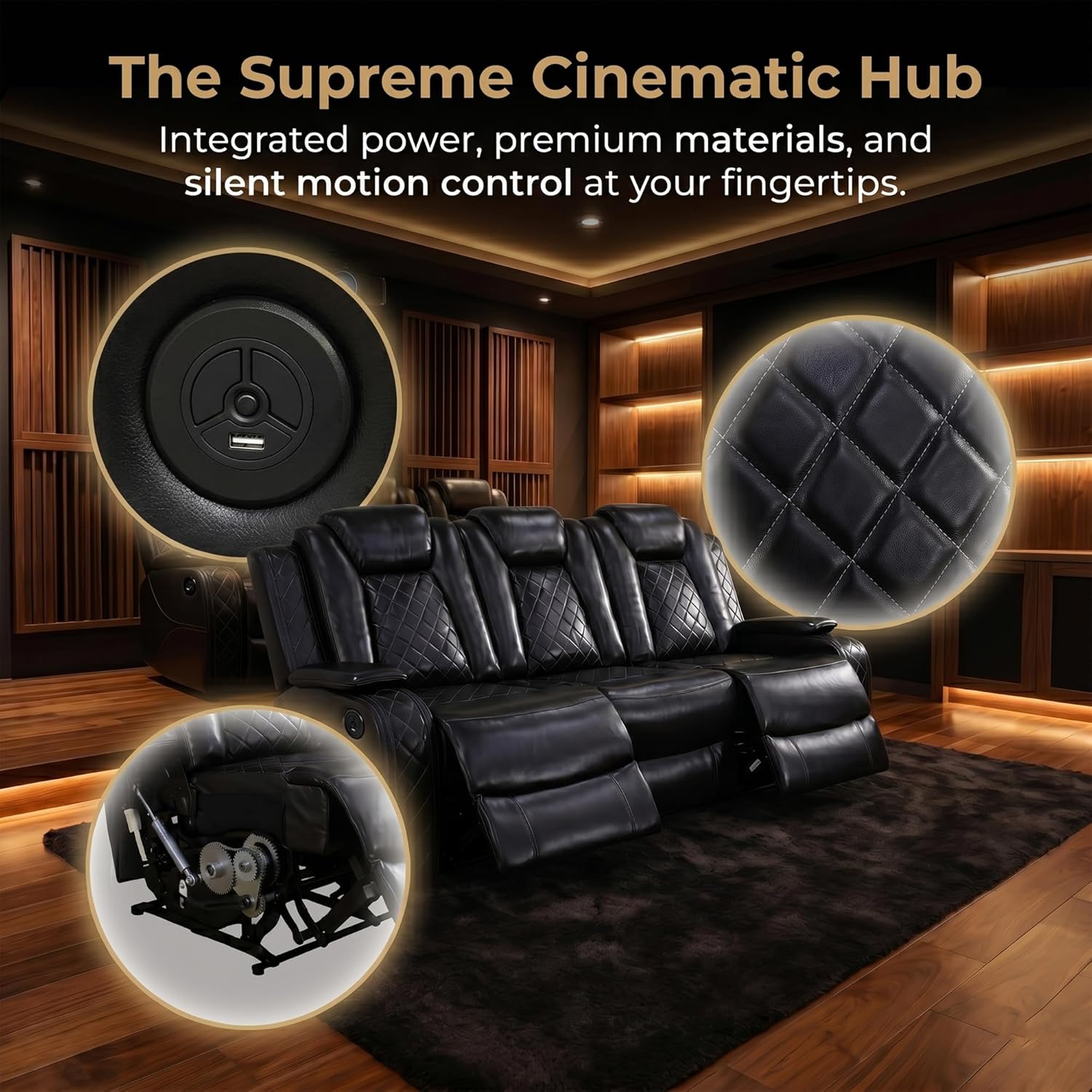Juego de sofá reclinable eléctrico de cuero de 3 piezas para sala de estar con puertos USB, iluminación ambiental LED y consola de almacenamiento, sofá modular ergonómico moderno, asiento de cine en casa (negro)