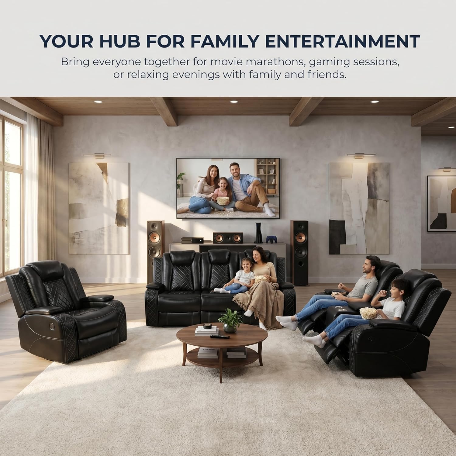Juego de sofá reclinable eléctrico de cuero de 3 piezas para sala de estar con puertos USB, iluminación ambiental LED y consola de almacenamiento, sofá modular ergonómico moderno, asiento de cine en casa (negro)