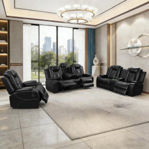 Juego de sofá reclinable eléctrico de cuero de 3 piezas para sala de estar con puertos USB, iluminación ambiental LED y consola de almacenamiento, sofá modular ergonómico moderno, asiento de cine en casa (negro)