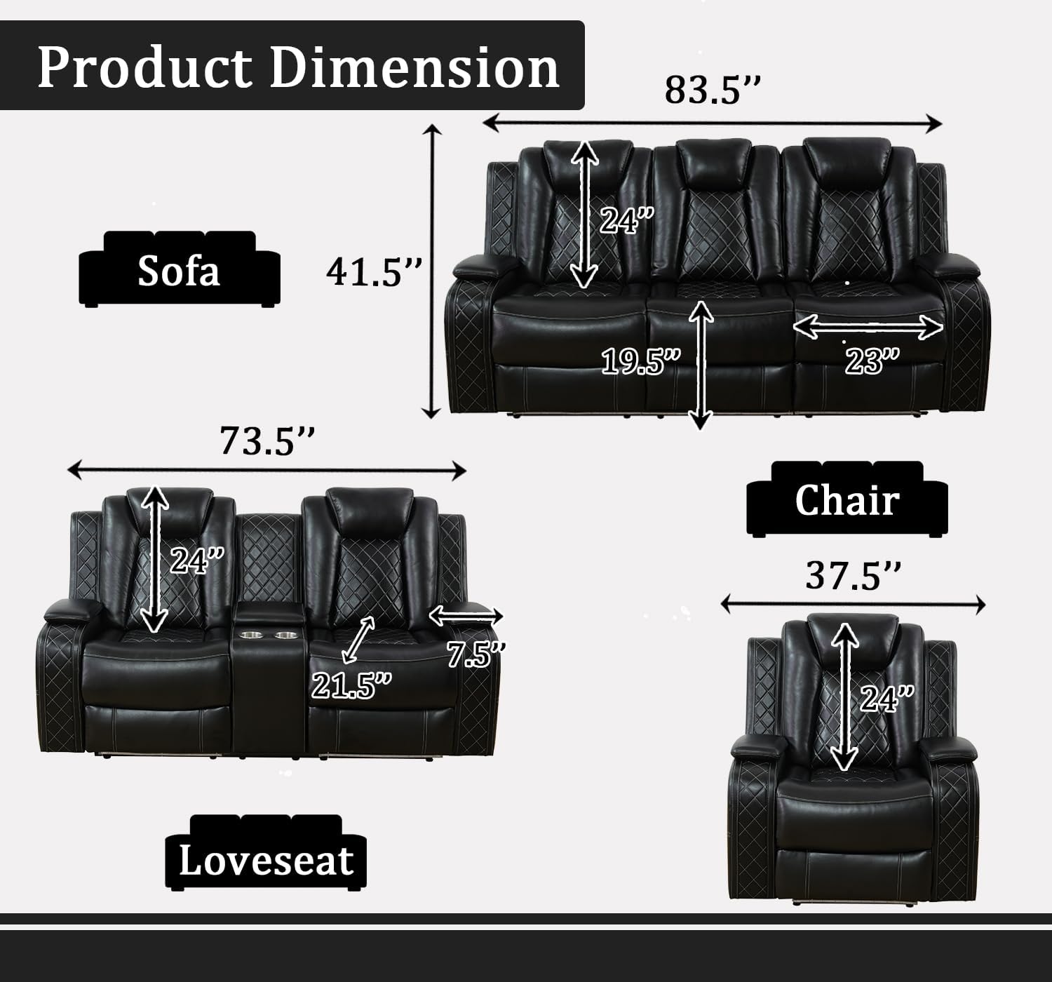 Sofá reclinable de cuero eléctrico con luces LED, sofá reclinable eléctrico, sofá de cuero con mesa auxiliar/almacenamiento de brazos para sala de estar, cine en casa (negro, 3 plazas)