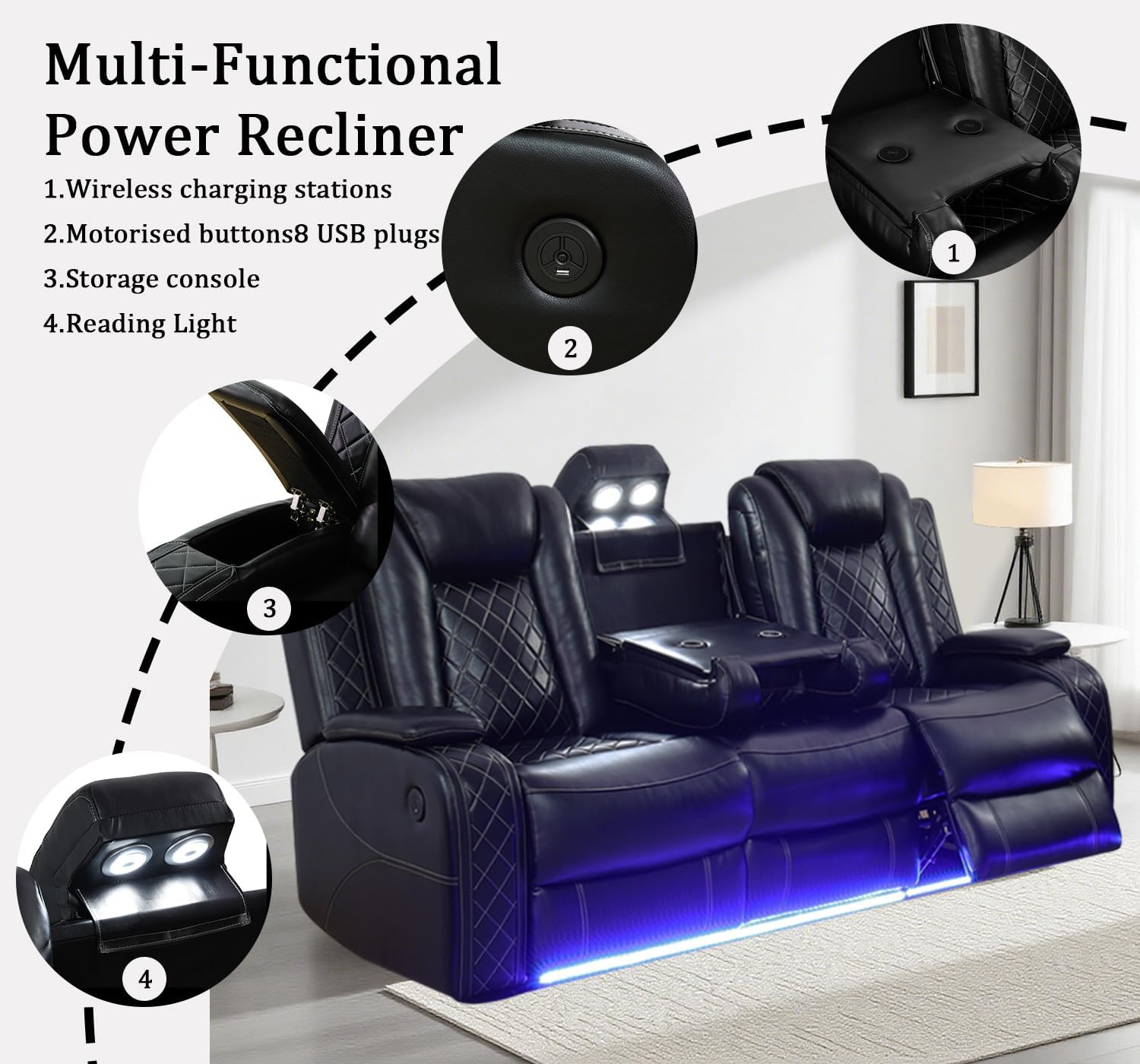 Sofá reclinable de cuero eléctrico con luces LED, sofá reclinable eléctrico, sofá de cuero con mesa auxiliar/almacenamiento de brazos para sala de estar, cine en casa (negro, 3 plazas)