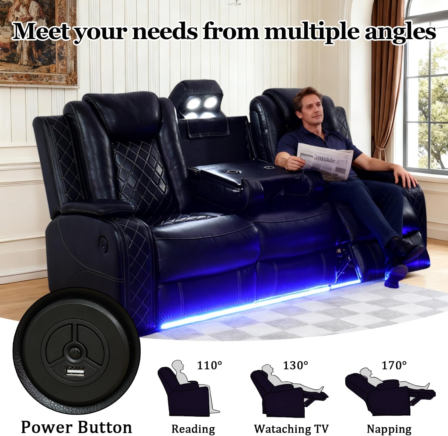 Sofá reclinable de cuero eléctrico con luces LED, sofá reclinable eléctrico, sofá de cuero con mesa auxiliar/almacenamiento de brazos para sala de estar, cine en casa (negro, 3 plazas)