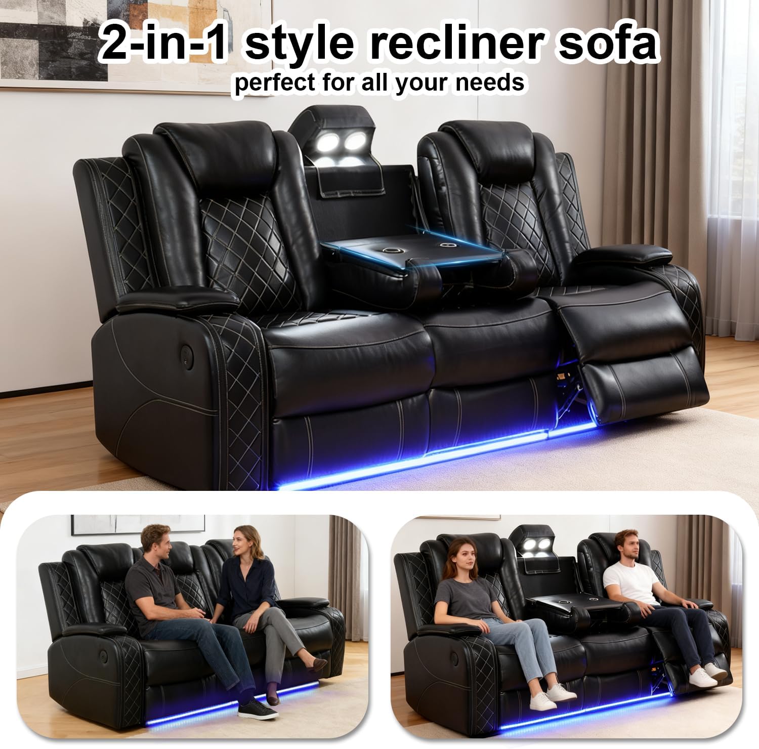 Sofá reclinable de cuero eléctrico con luces LED, sofá reclinable eléctrico, sofá de cuero con mesa auxiliar/almacenamiento de brazos para sala de estar, cine en casa (negro, 3 plazas)