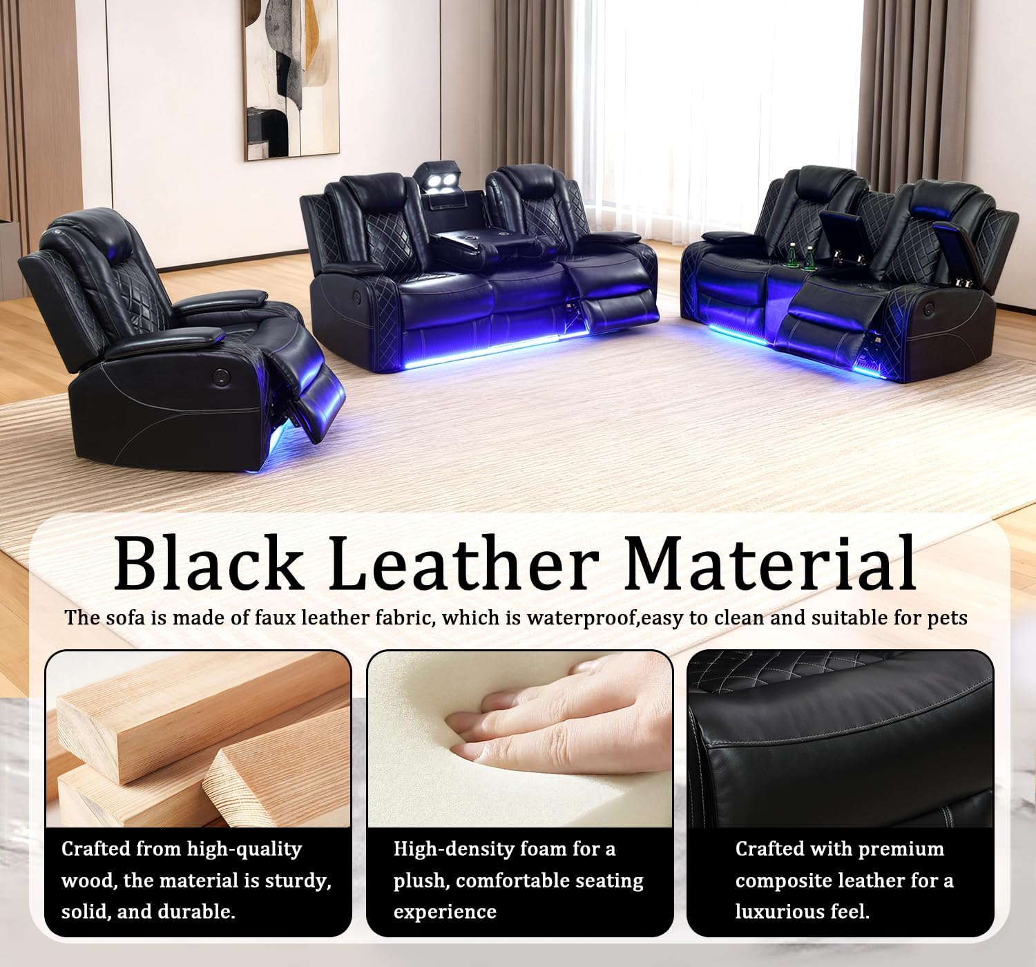 Sofá reclinable de cuero eléctrico con luces LED, sofá reclinable eléctrico, sofá de cuero con mesa auxiliar/almacenamiento de brazos para sala de estar, cine en casa (negro, 3 plazas)