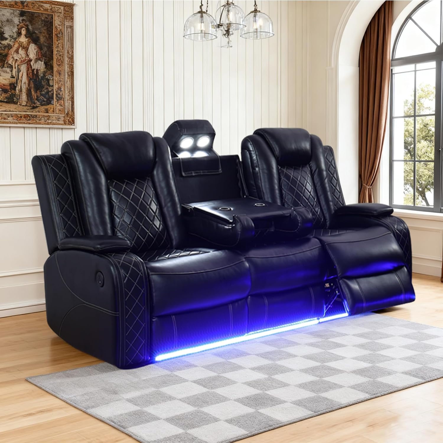Sofá reclinable de cuero eléctrico con luces LED, sofá reclinable eléctrico, sofá de cuero con mesa auxiliar/almacenamiento de brazos para sala de estar, cine en casa (negro, 3 plazas)