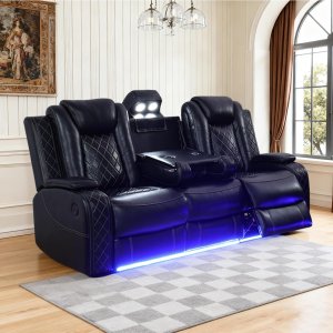 Sofá reclinable de cuero eléctrico con luces LED, sofá reclinable eléctrico, sofá de cuero con mesa auxiliar/almacenamiento de brazos para sala de estar, cine en casa (negro, 3 plazas)