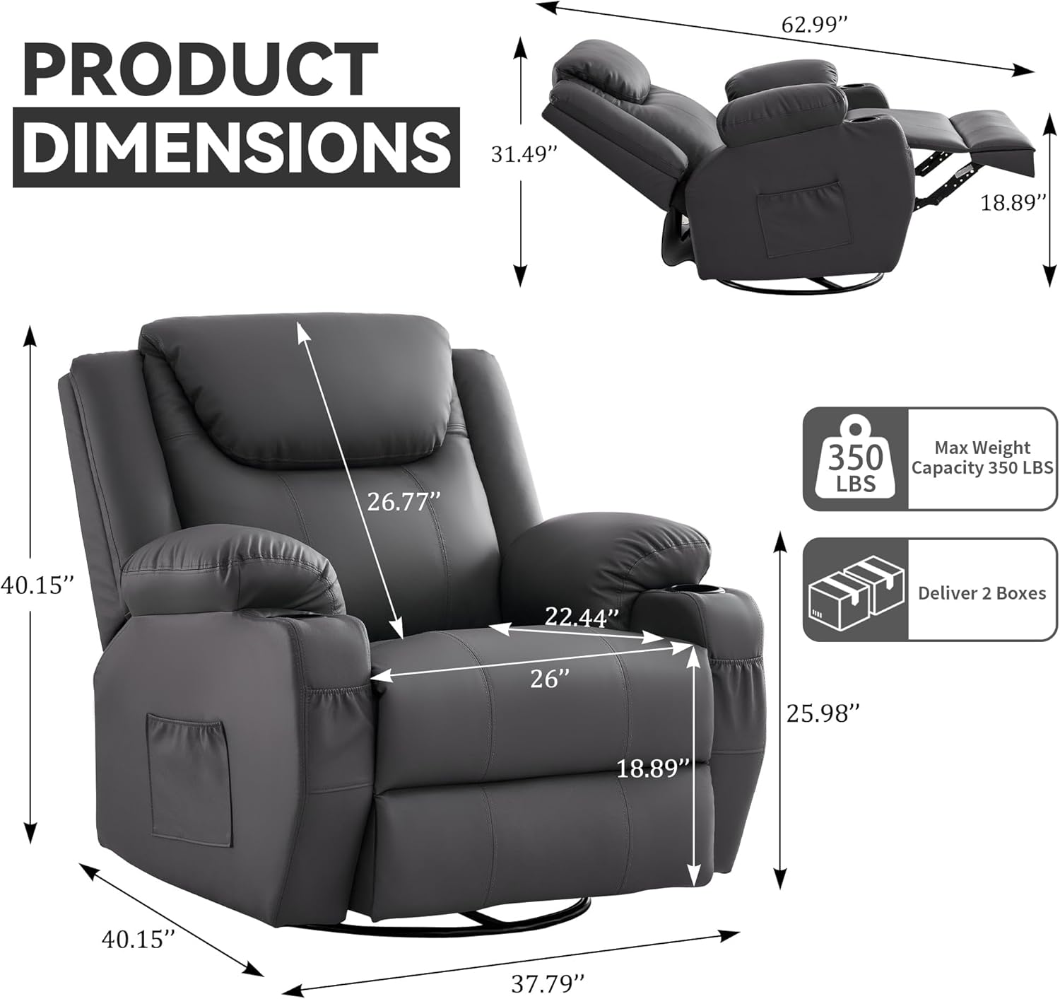 Korser Silla reclinable de gran tamaño, reclinable giratorio de 360° para adultos, silla reclinable giratoria con calor y masaje, reclinable manual con control remoto y portavasos para sala de estar