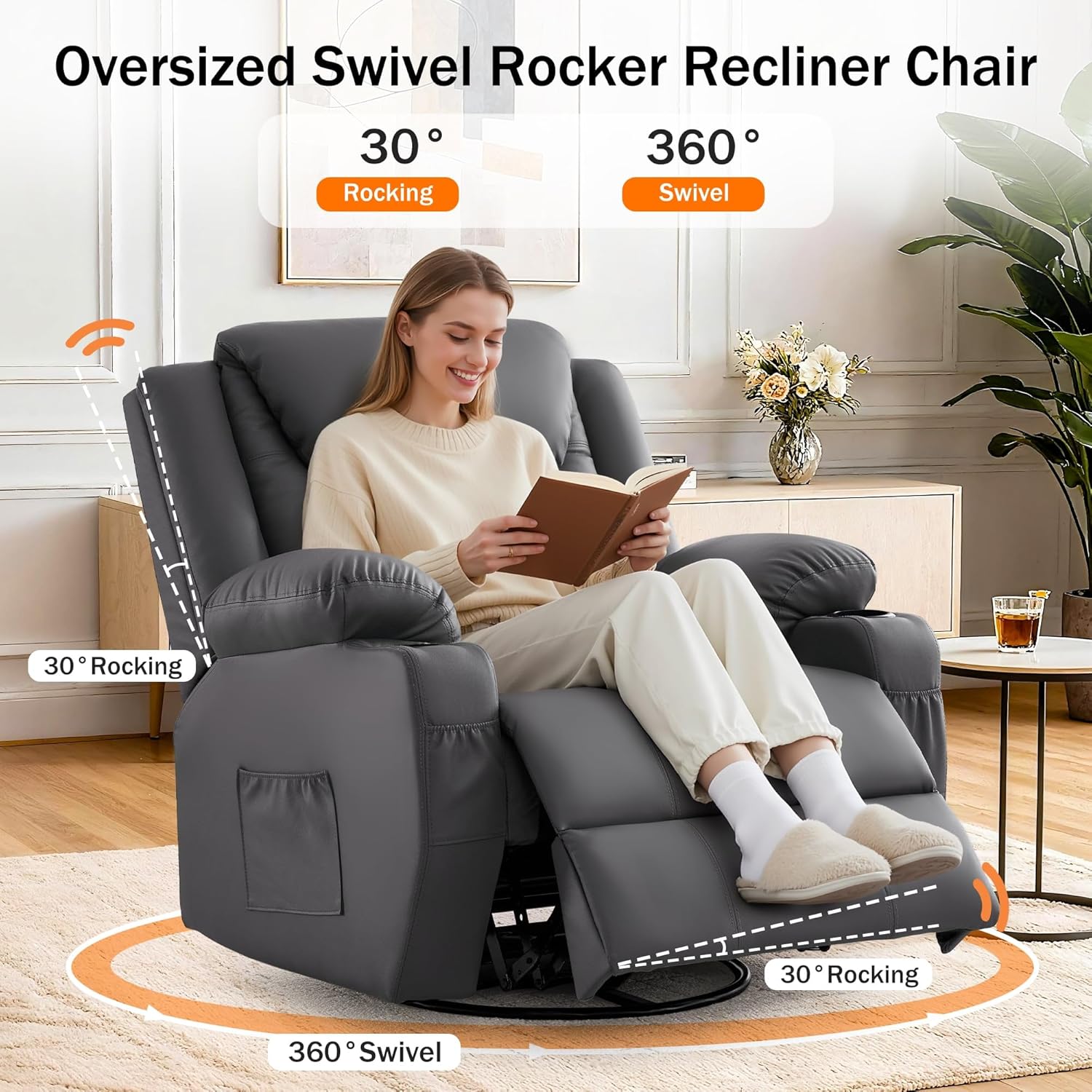 Korser Silla reclinable de gran tamaño, reclinable giratorio de 360° para adultos, silla reclinable giratoria con calor y masaje, reclinable manual con control remoto y portavasos para sala de estar