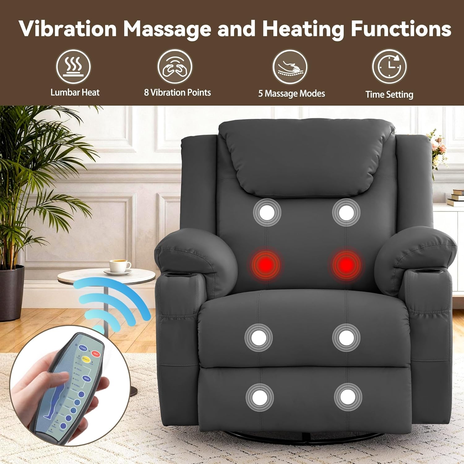 Korser Silla reclinable de gran tamaño, reclinable giratorio de 360° para adultos, silla reclinable giratoria con calor y masaje, reclinable manual con control remoto y portavasos para sala de estar