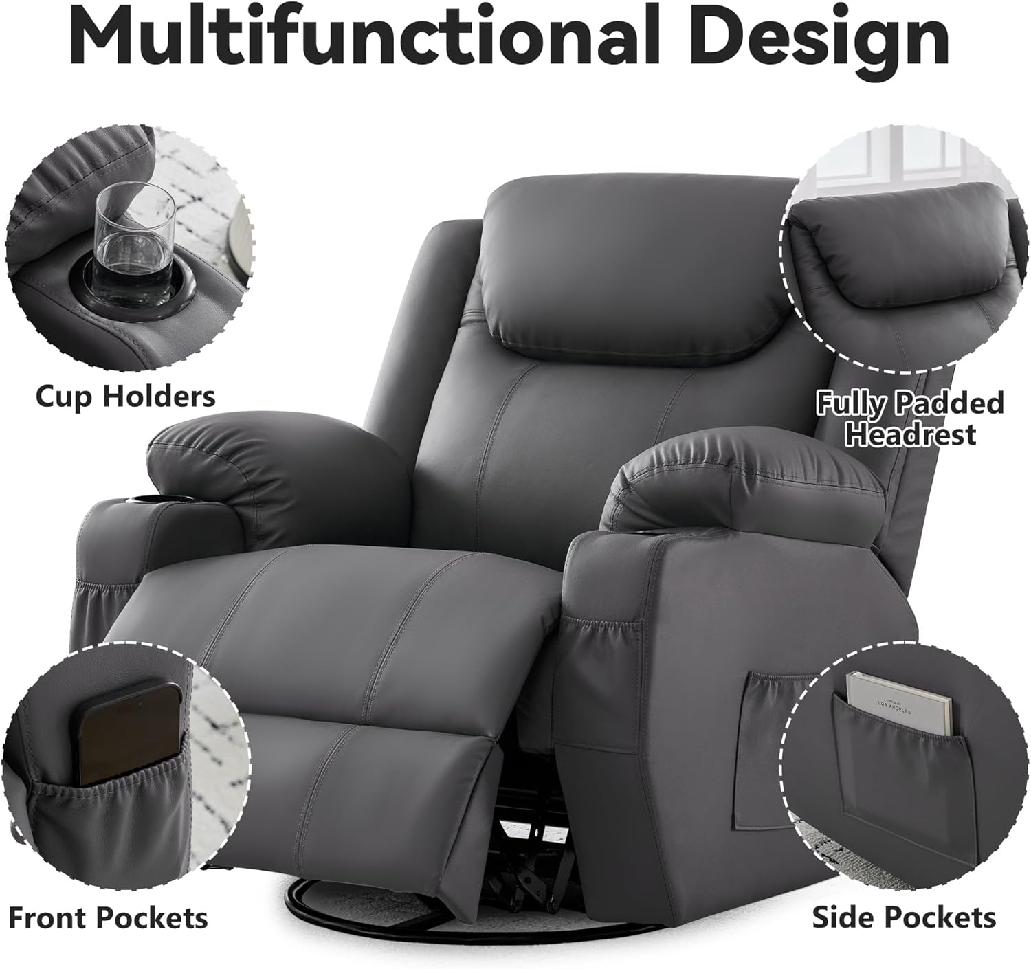 Korser Silla reclinable de gran tamaño, reclinable giratorio de 360° para adultos, silla reclinable giratoria con calor y masaje, reclinable manual con control remoto y portavasos para sala de estar