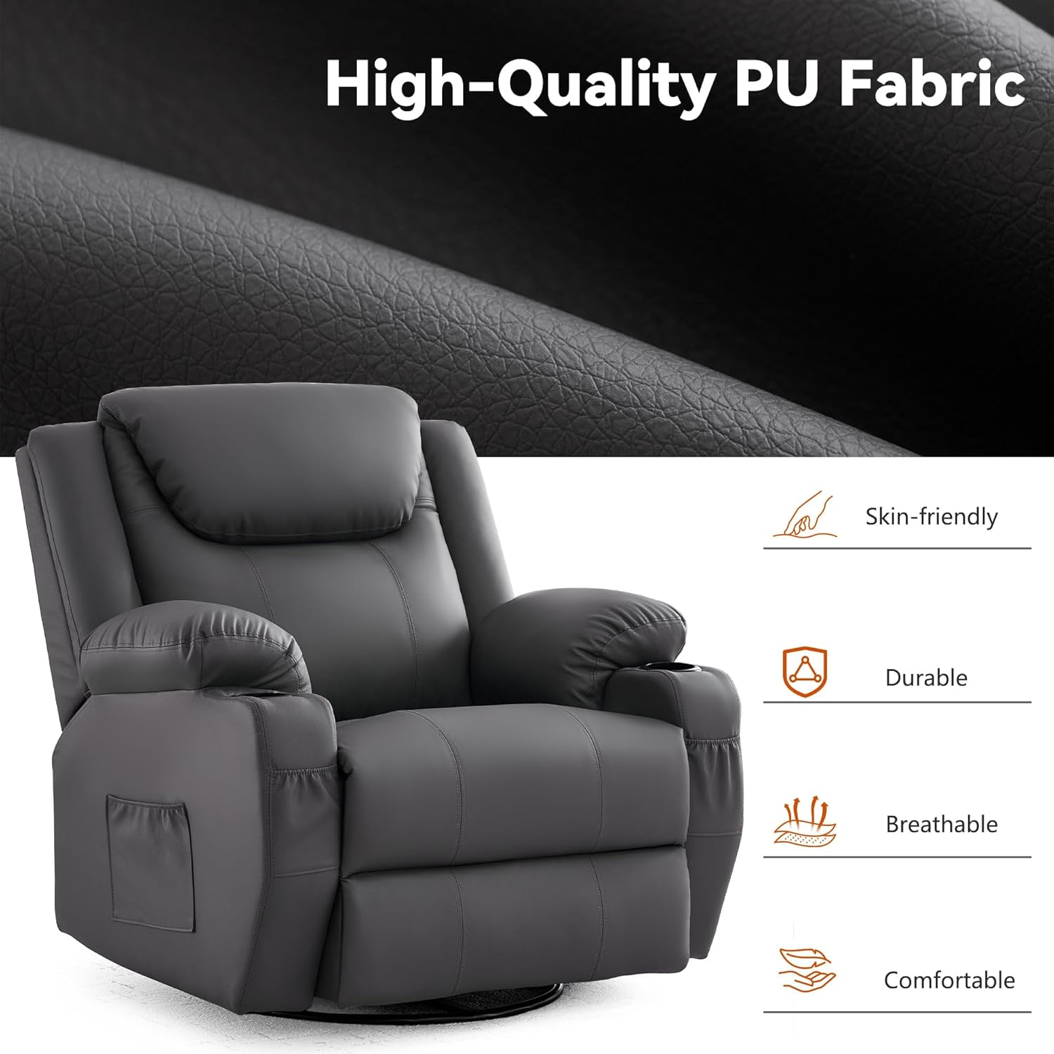 Korser Silla reclinable de gran tamaño, reclinable giratorio de 360° para adultos, silla reclinable giratoria con calor y masaje, reclinable manual con control remoto y portavasos para sala de estar