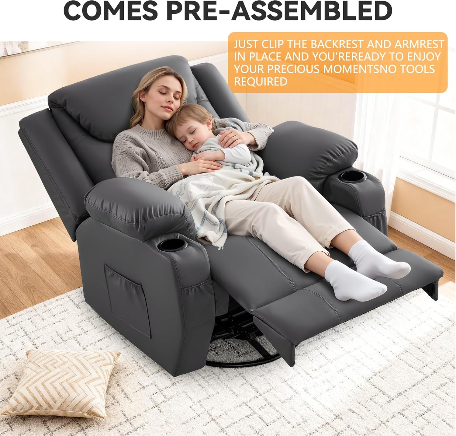 Korser Silla reclinable de gran tamaño, reclinable giratorio de 360° para adultos, silla reclinable giratoria con calor y masaje, reclinable manual con control remoto y portavasos para sala de estar