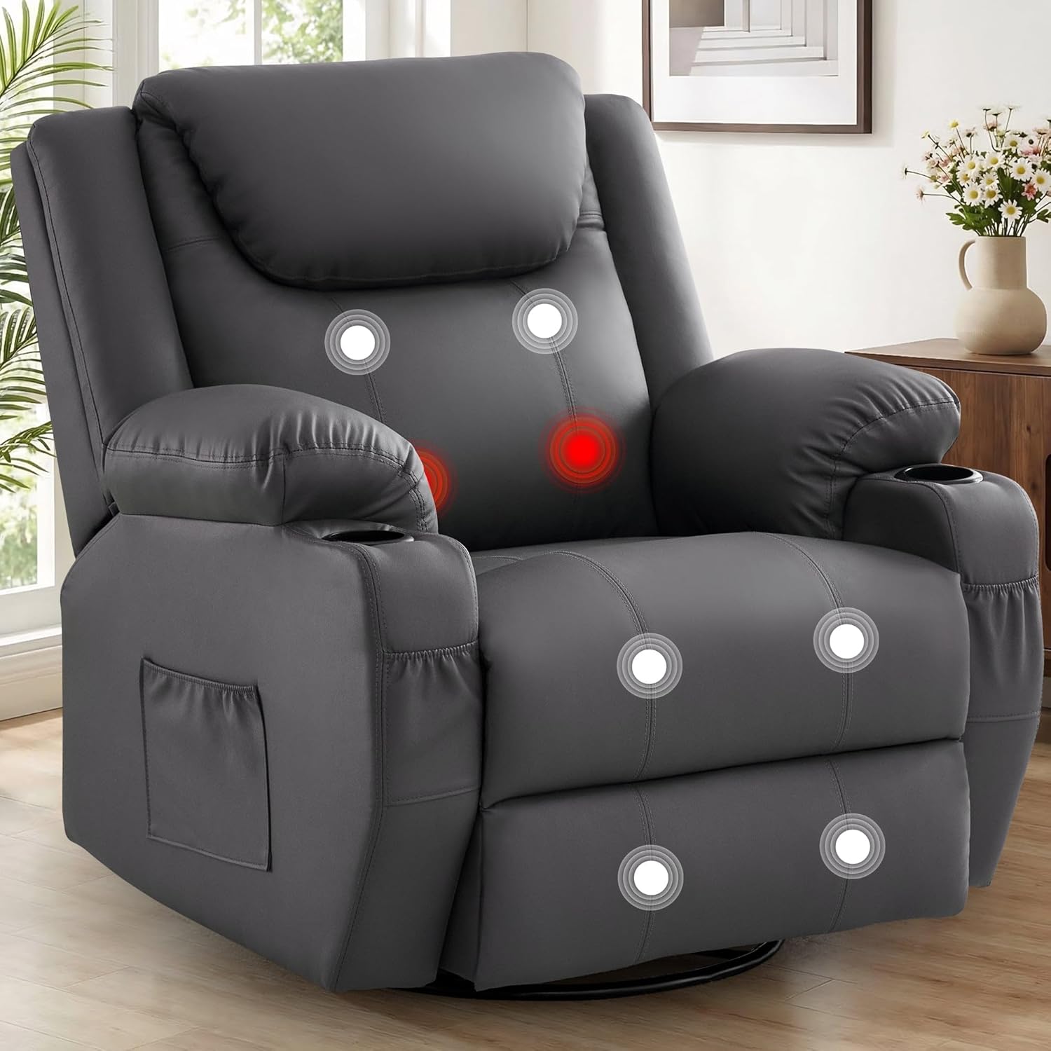 Korser Silla reclinable de gran tamaño, reclinable giratorio de 360° para adultos, silla reclinable giratoria con calor y masaje, reclinable manual con control remoto y portavasos para sala de estar