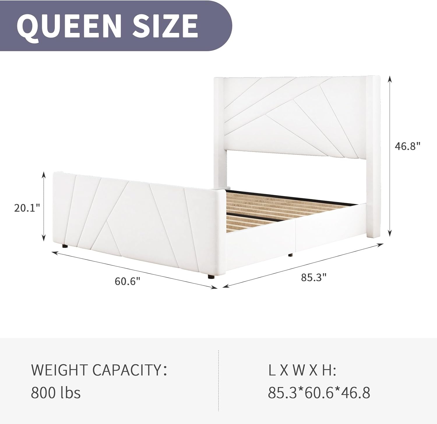 BarnFurin Marco de Cama Tamaño Queen, Cama Plataforma Tapizada en Terciopelo con Cabecero y Pie de Cama con Capitoné Geométrico, Diseño Wingback, Base para Colchón con Listones de Madera, Blanco Crema