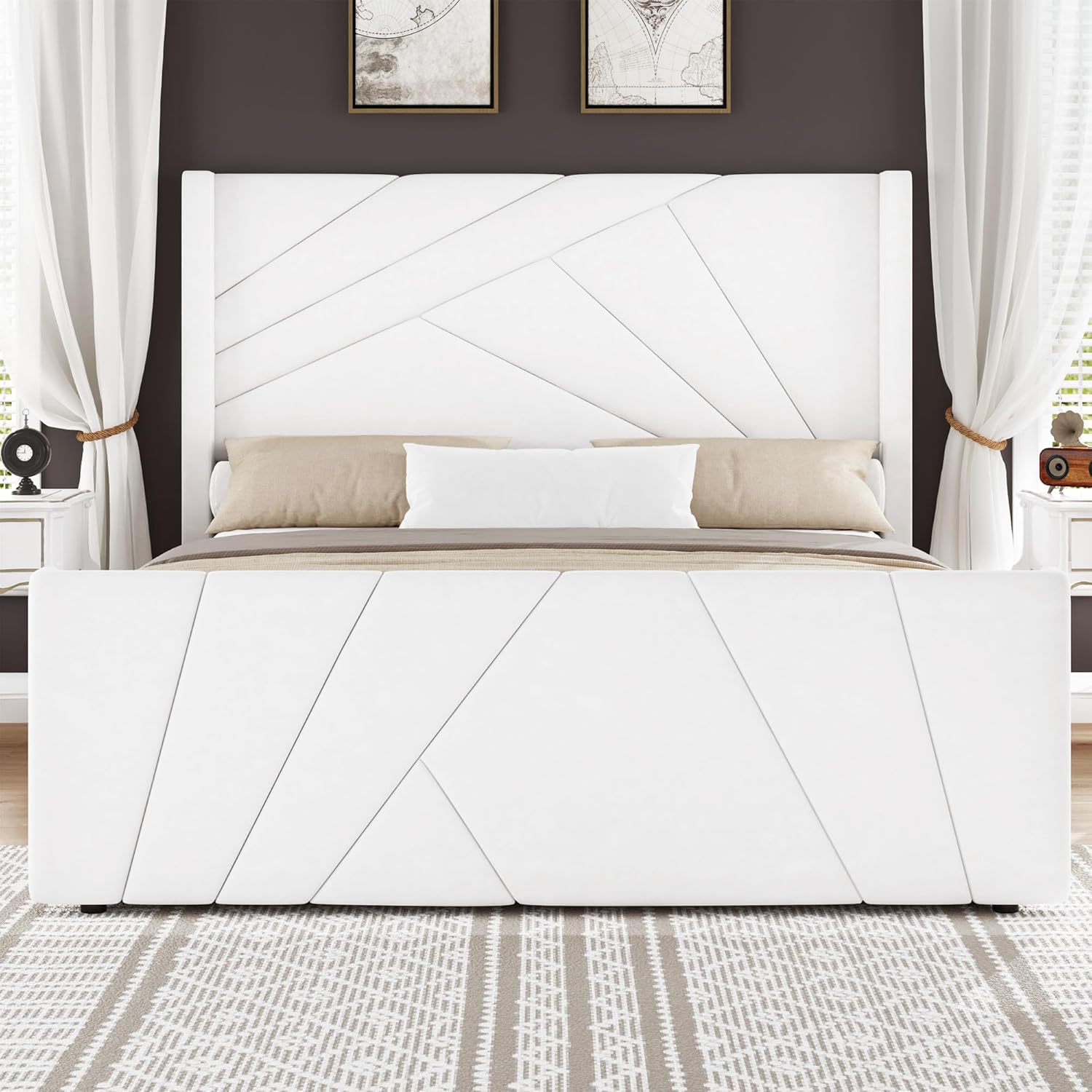 BarnFurin Marco de Cama Tamaño Queen, Cama Plataforma Tapizada en Terciopelo con Cabecero y Pie de Cama con Capitoné Geométrico, Diseño Wingback, Base para Colchón con Listones de Madera, Blanco Crema