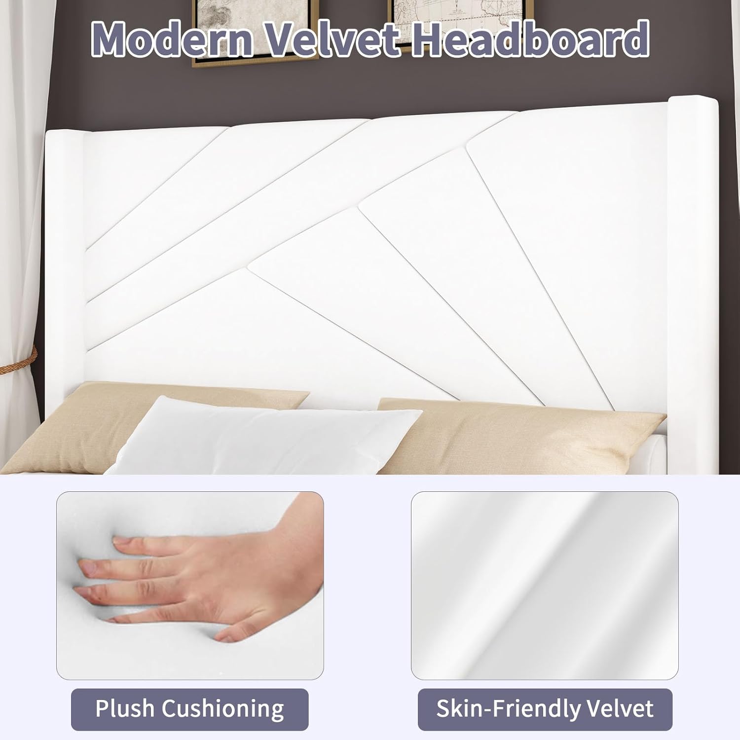 BarnFurin Marco de Cama Tamaño Queen, Cama Plataforma Tapizada en Terciopelo con Cabecero y Pie de Cama con Capitoné Geométrico, Diseño Wingback, Base para Colchón con Listones de Madera, Blanco Crema