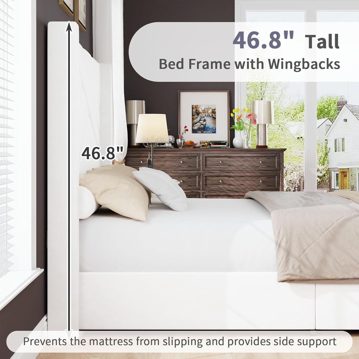 BarnFurin Marco de Cama Tamaño Queen, Cama Plataforma Tapizada en Terciopelo con Cabecero y Pie de Cama con Capitoné Geométrico, Diseño Wingback, Base para Colchón con Listones de Madera, Blanco Crema